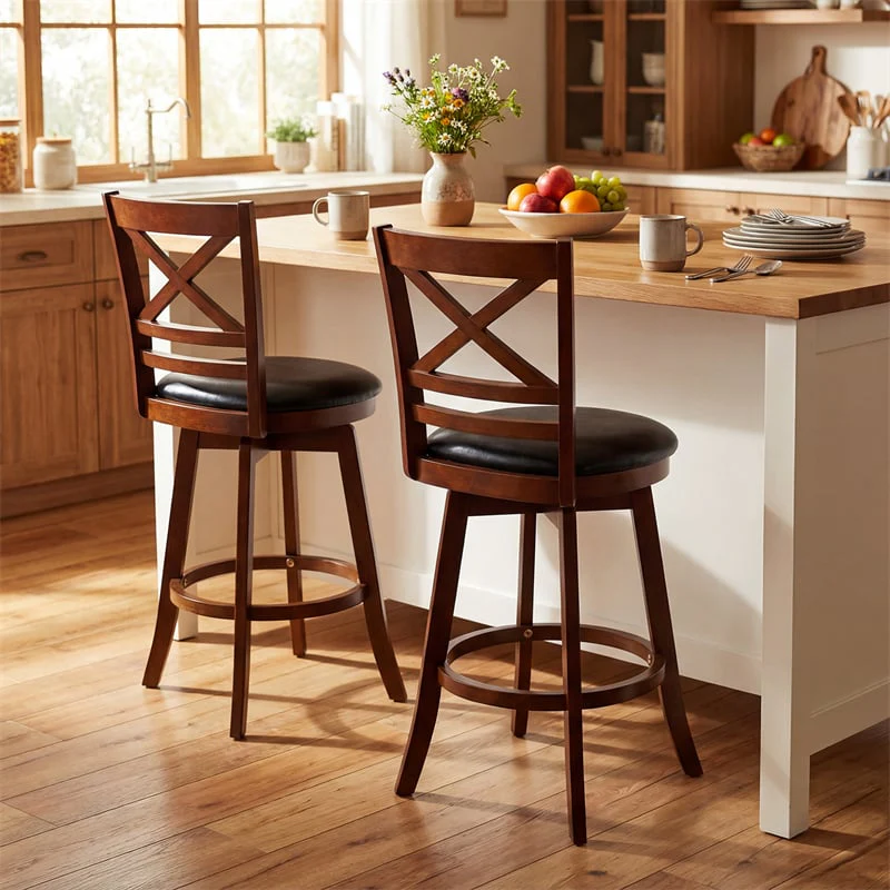 Set of 2 Swivel Counter Height Bar Stools, 25" Rubber Wood Barstools with High Back, Footrest & Faux Leather Upholstered Seat for Kitchen Island