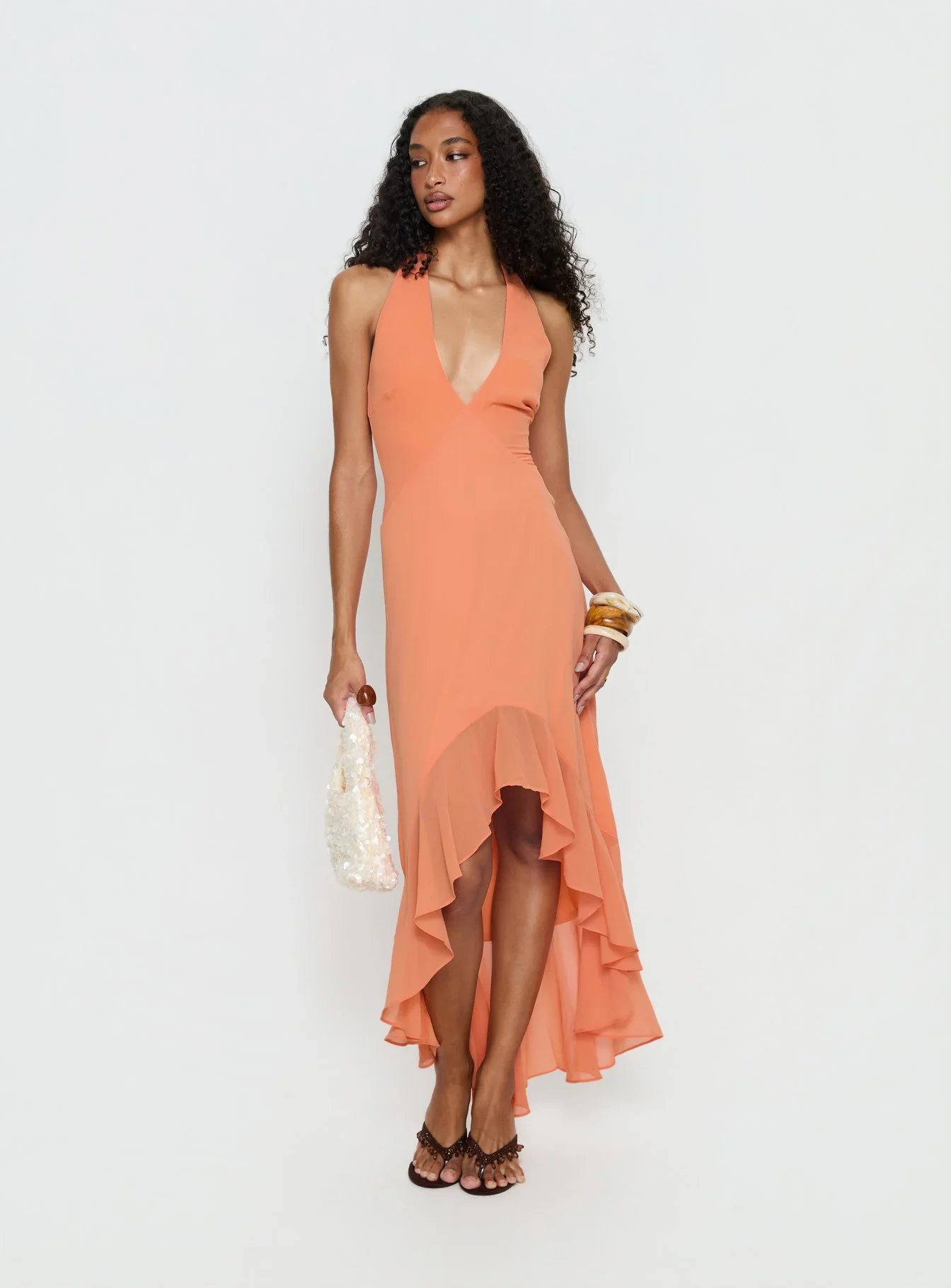 Agata Halter Frill Maxi Dress Orange