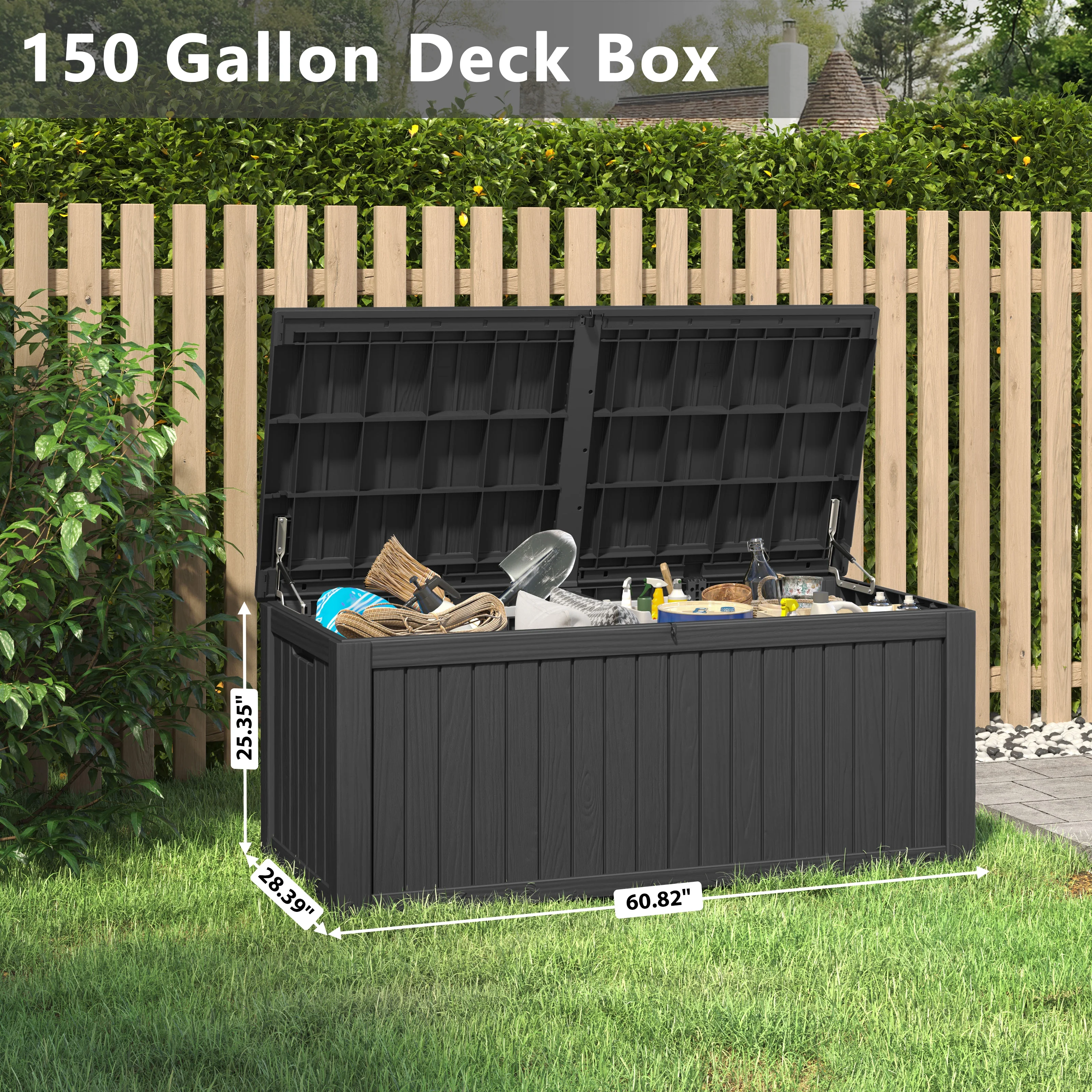 150 Gallon Deck Box, Outdoor Storage Box, Large Waterproof Resin Indoor Storage Box with Built-in Steel Beams for Patio, Cushions, Pool Supplies(150 gal/Black) - Image 6