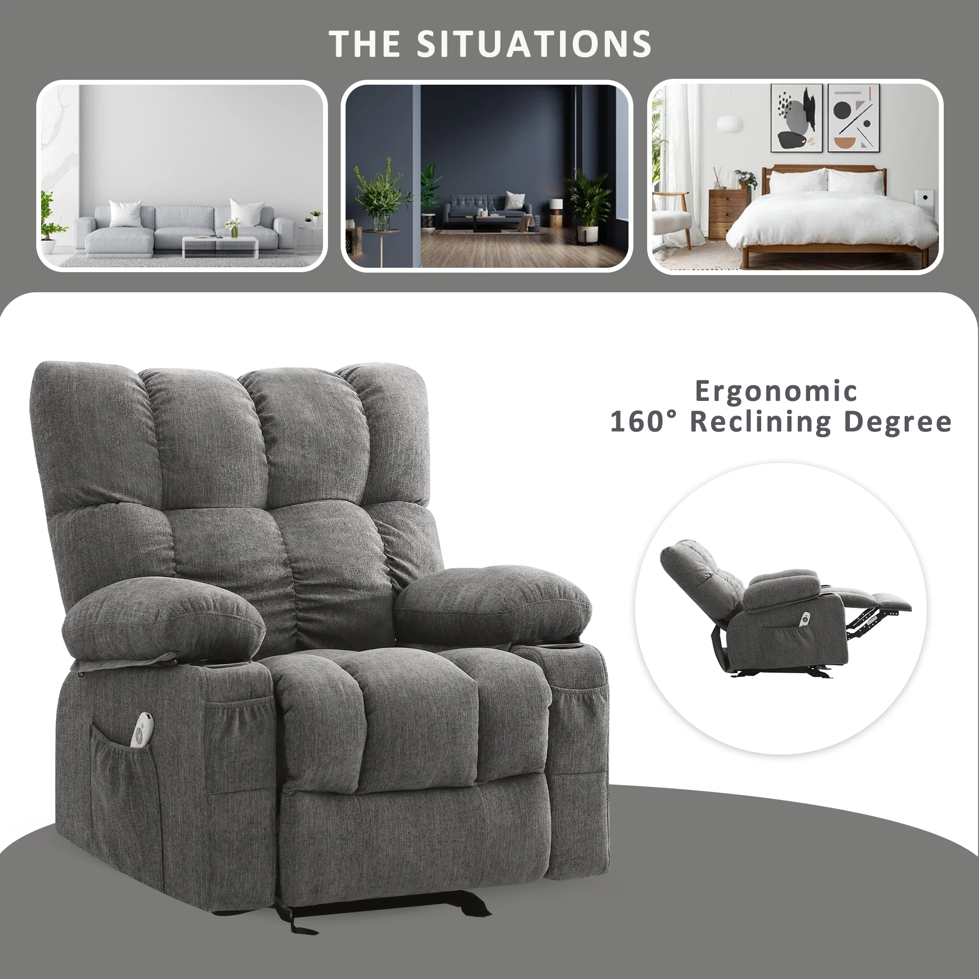 Manual Recliner Chair with Heat Therapy and Massage Function, Heavy Duty Reclining Mechanism Massage Chair, Elderly Single Rocker Sofa with Cup Holders for Bedroom Home Theater,Grey(Regular-Grey) - Image 10