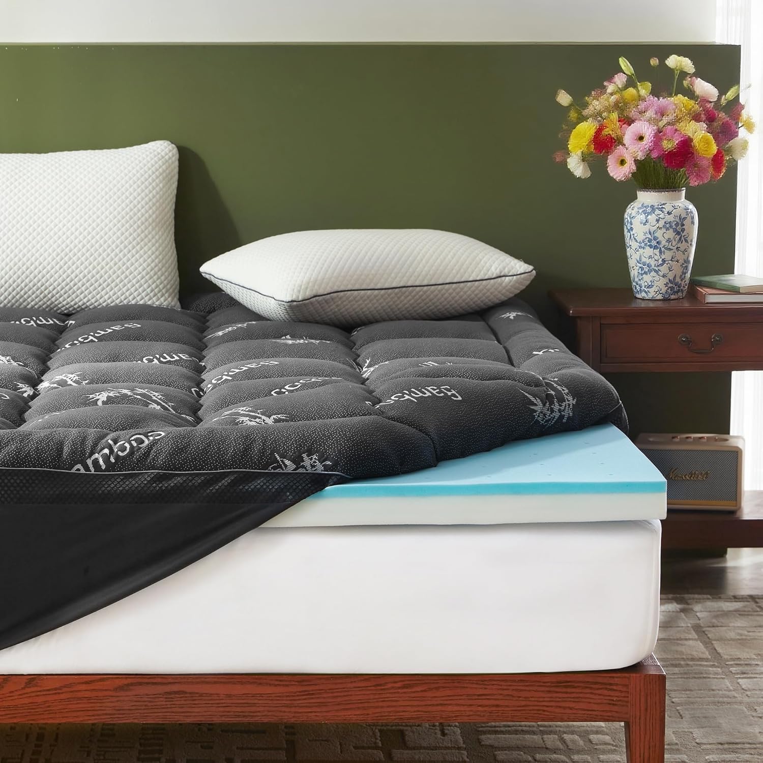 Surmatelas BEDLORE 10 cm en mousse à mémoire de forme, format King, conception double couche 2 en 1 (5 cm de mousse à mémoire de forme infusée de gel + 5 cm de surmatelas moelleux), fermeté moyenne, soulagement des points de pression et soutien du do
