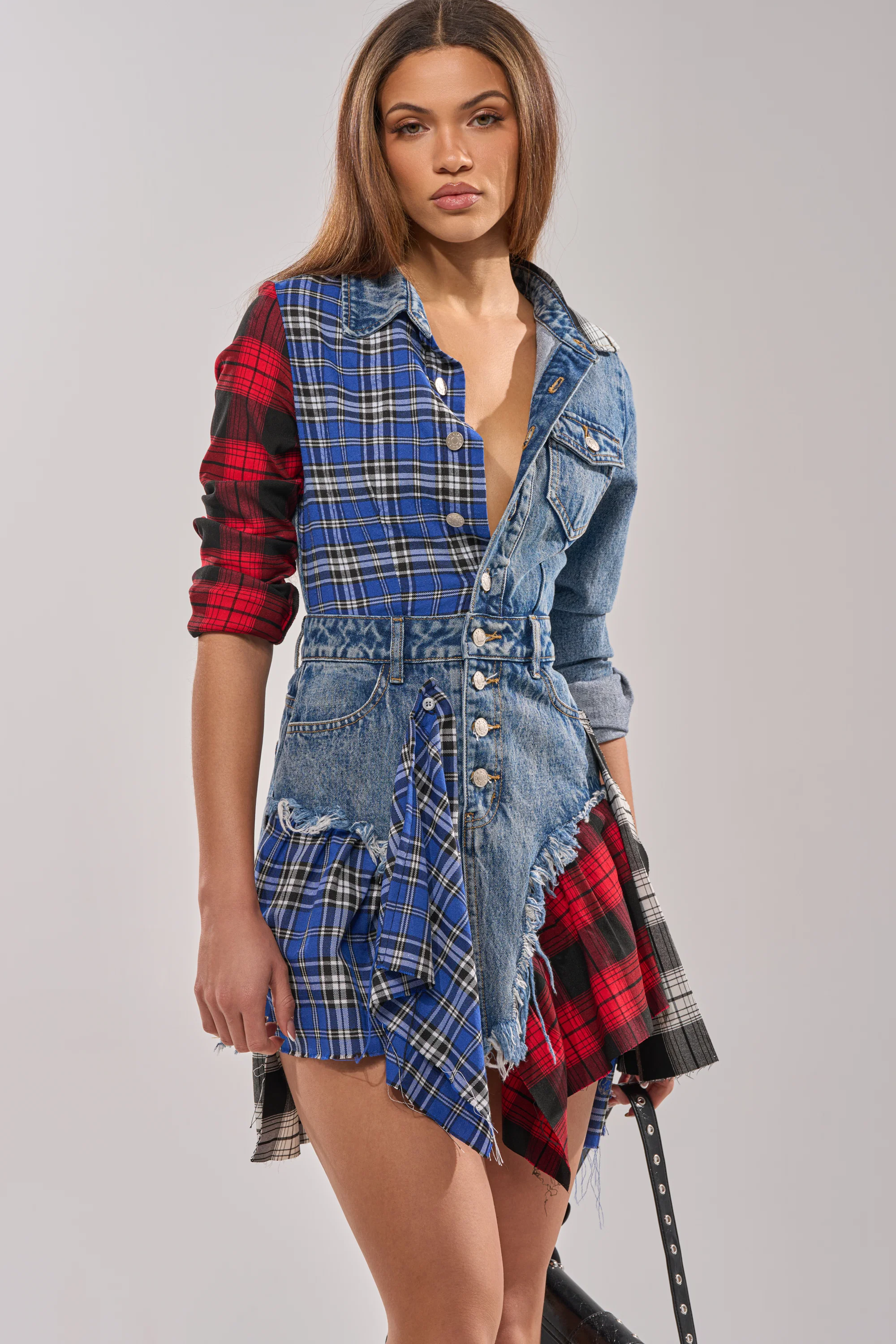 PATCHWORK PLAID DENIM MINI DRESS - Akira Store