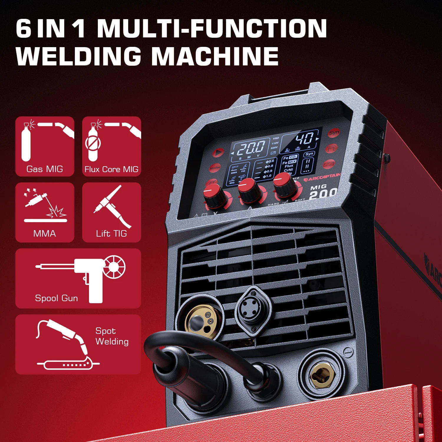 ARCCAPTAIN 6 in 1 MIG Welder Machine, 200A Gas Welders W/ Flux Core MIG/Stick/Lift TIG/Spot Welding/Spool Gun Function