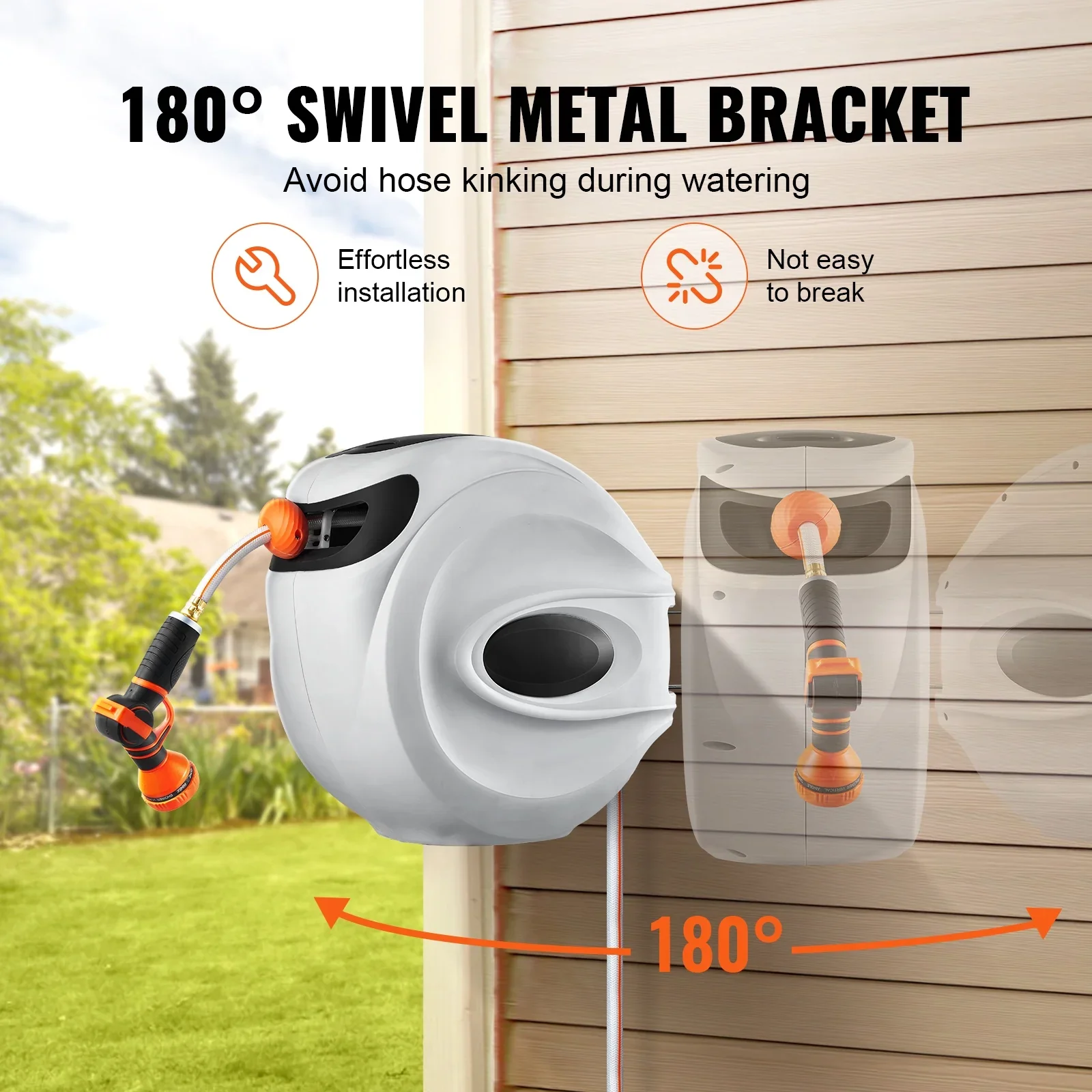 BENTISM Retractable Hose Reel, 115 ft x 1/2 inch, 180�� Swivel Bracket Wall-Mounted, Garden Water Hose Reel with 9-Pattern Nozzle, Automatic Rewind, Lock at Any Length, and Slow Return System