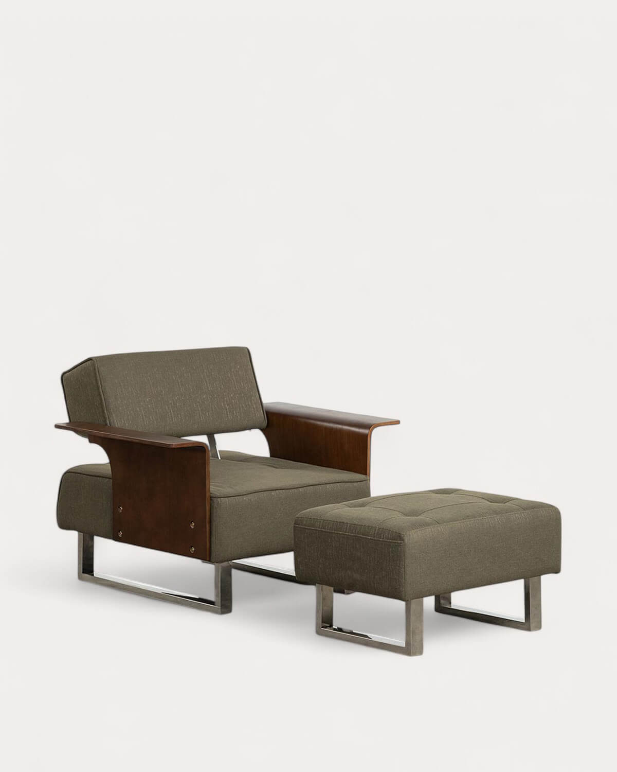 70s - Sillón Reclinable con Reposapiés de Tela y Madera 70s
