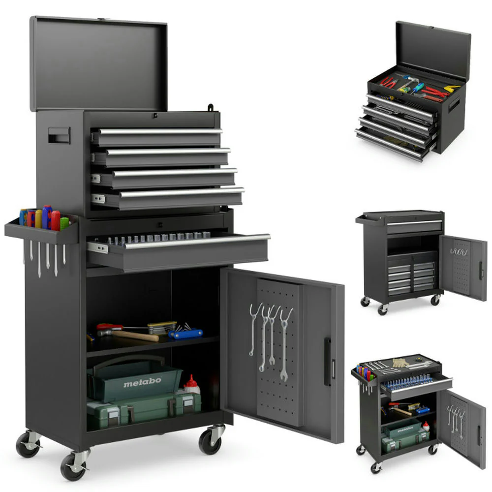GVN 2-in-1 Rolling Tool Chest with 5 Sliding Lockable Drawers-Black & Gray