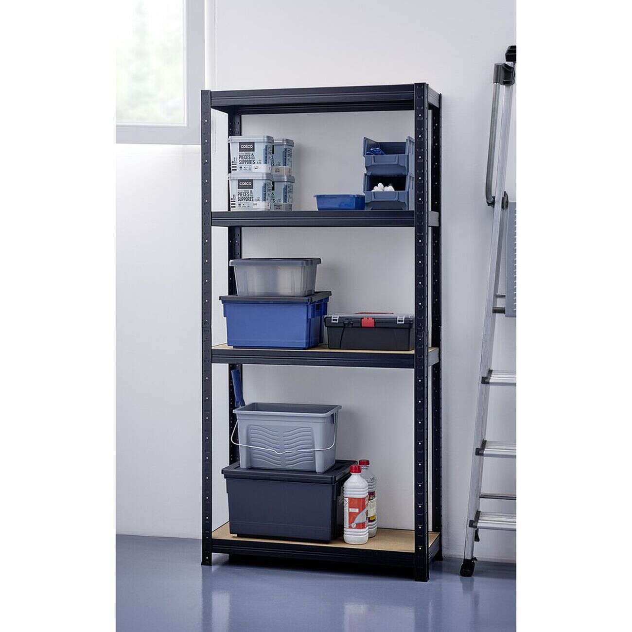 Étagère haute 4 niveaux métal noir et bois naturel 75x30xH150cm