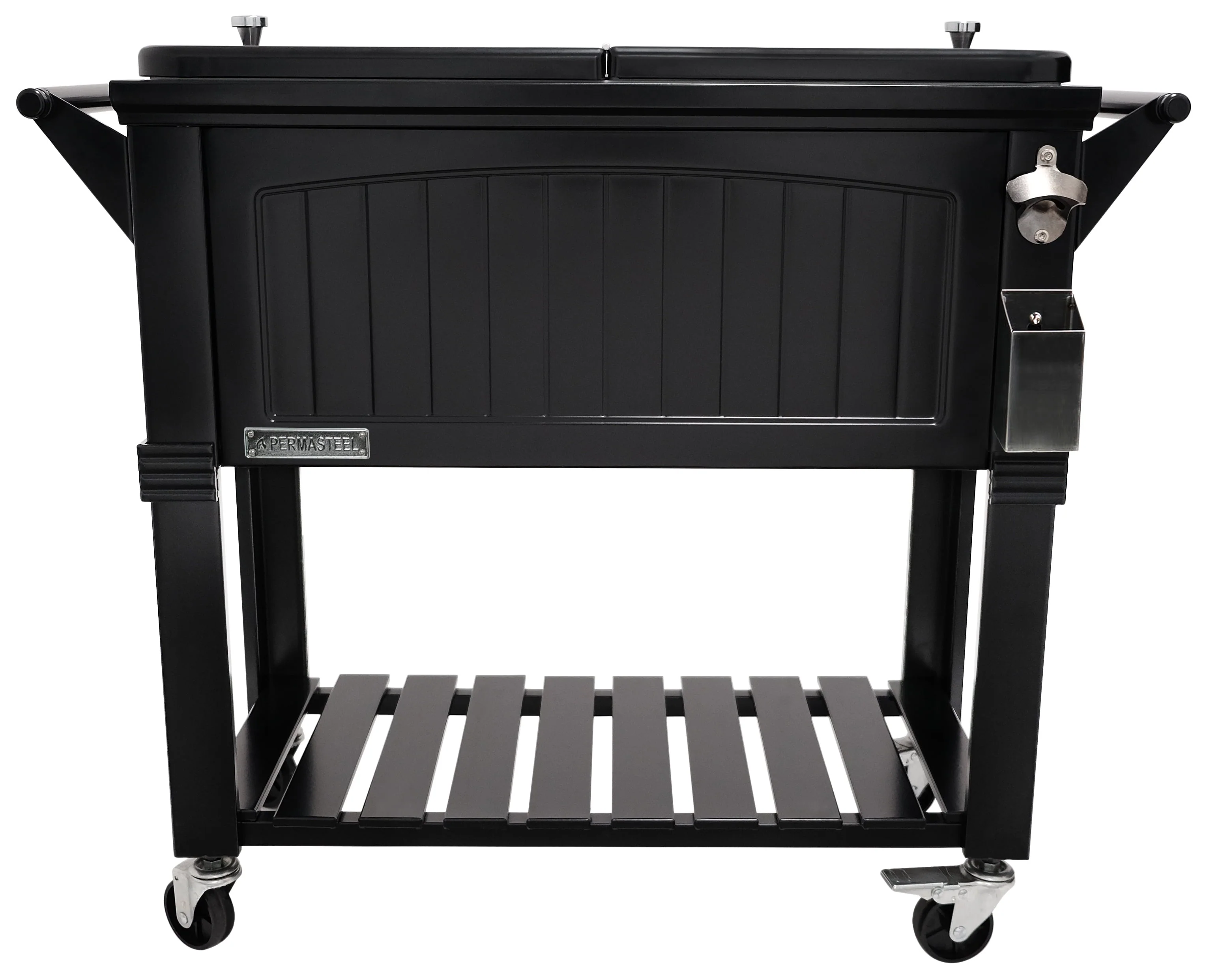 80 Qt Antique Outdoor Steel Patio Cooler on Wheels, Rolling Cooler Cart, Wooden Teak Style, Black(Black) Image 2
