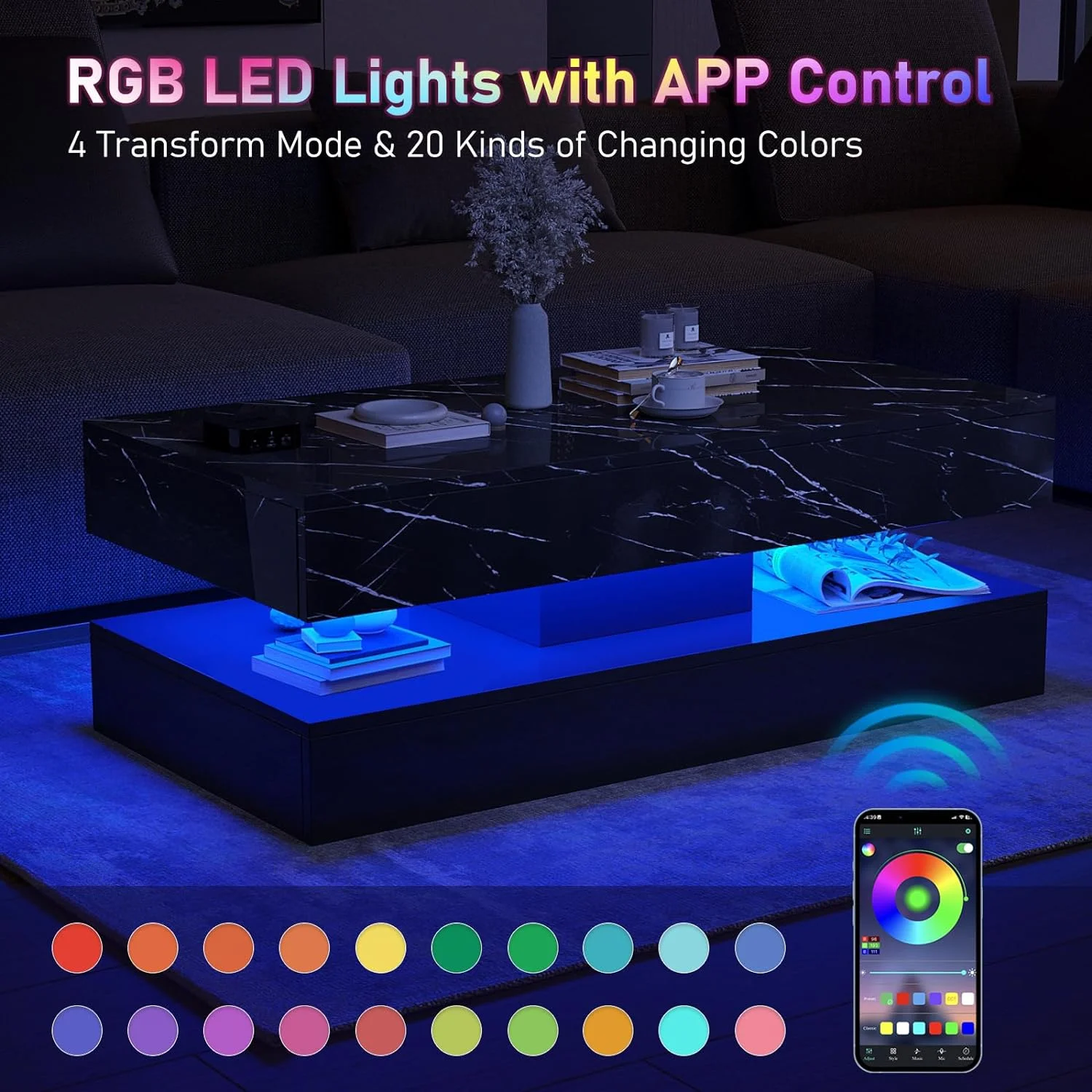 Large Black LED Coffee Table with 2 Storage Drawers, Modern High Gloss Coffee Table w/20 Colors LED Lights/APP Control, 2 Tiers Rectangle Large Living Room Furniture w/Marbling Print(47.3")(Black Marbling Print) - Image 2
