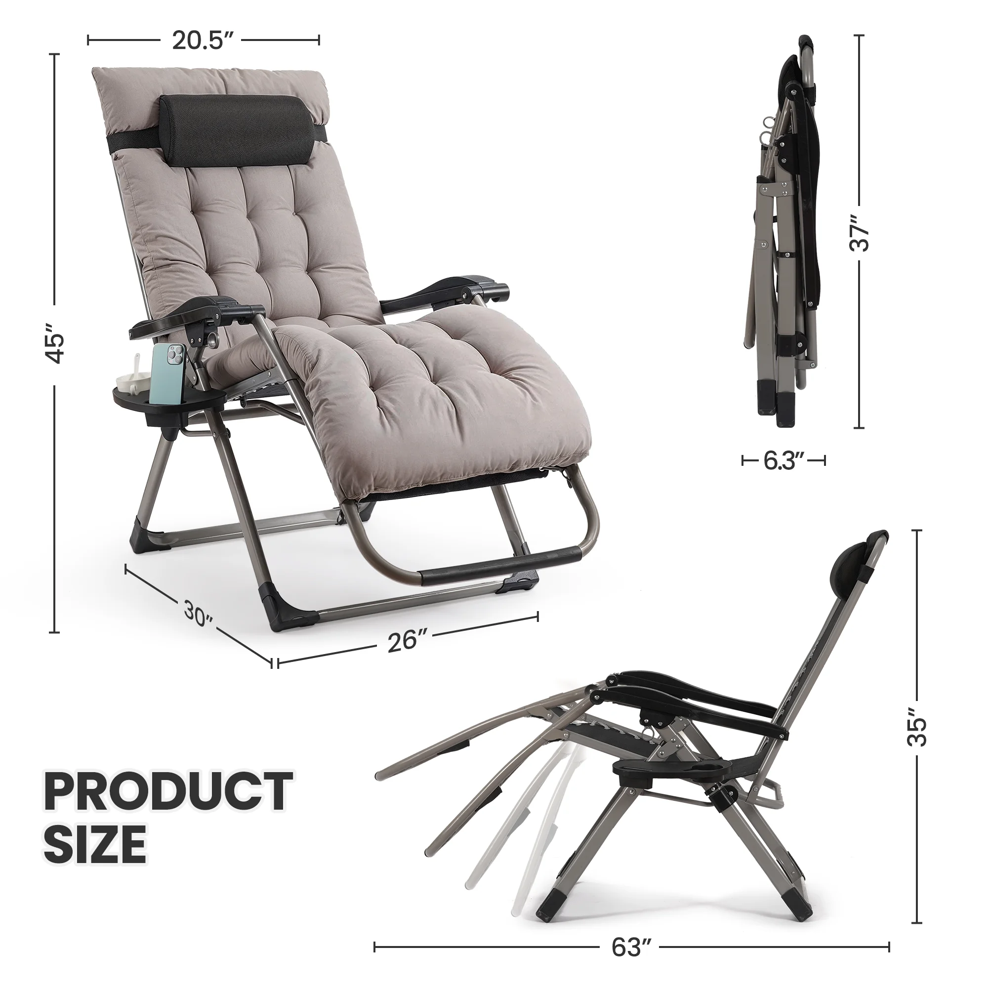 Zero Gravity Chair, Outdoor Foldable Padded Lounge Chair Recliner with Side Table, 353lbs Lounge Chair Sleep Relaxing, Winner - Image 4