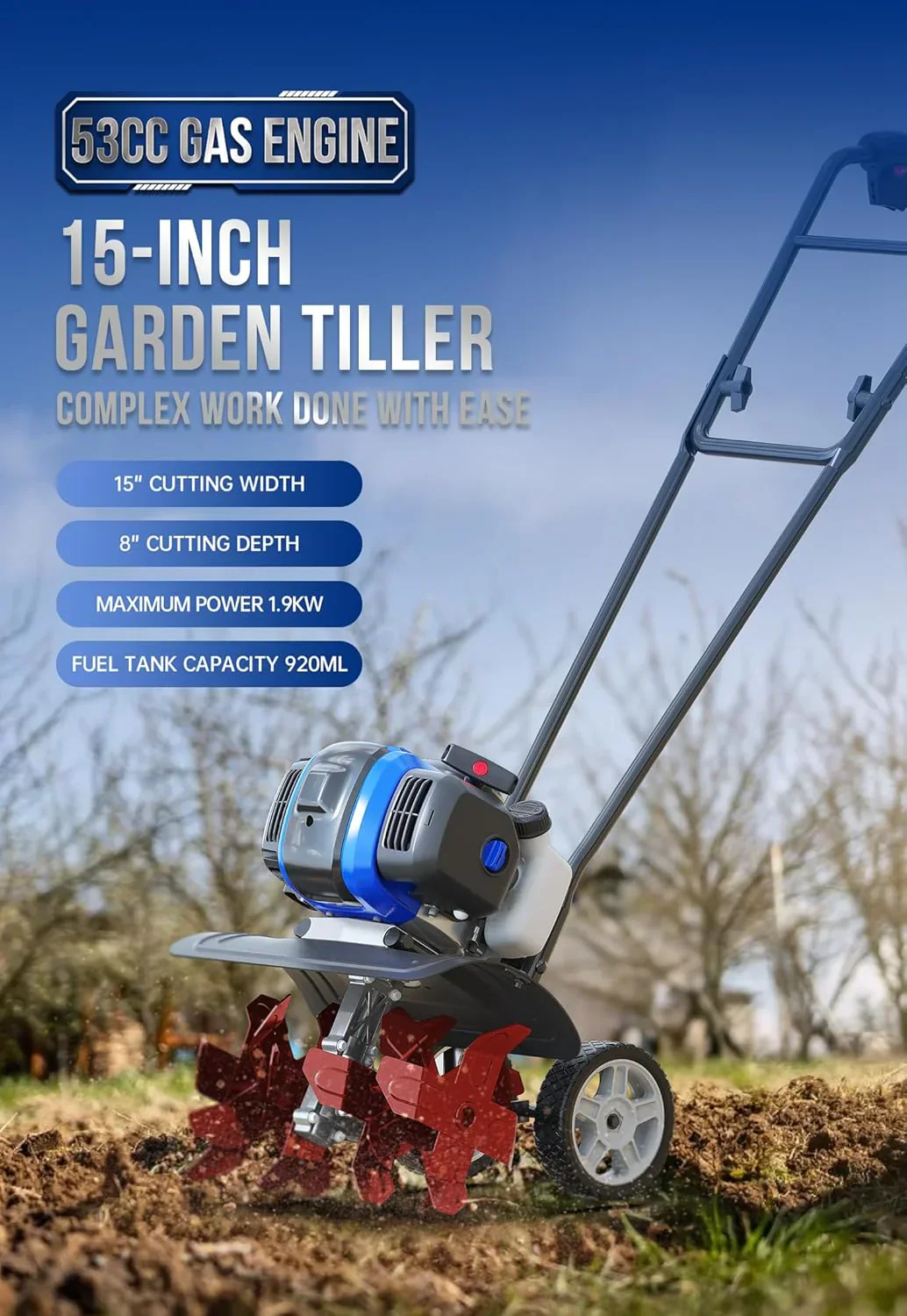 Motoculteur de jardin 53 cm3 Mini cultivateur 15 pouces avec tige de renfort relevable puissante