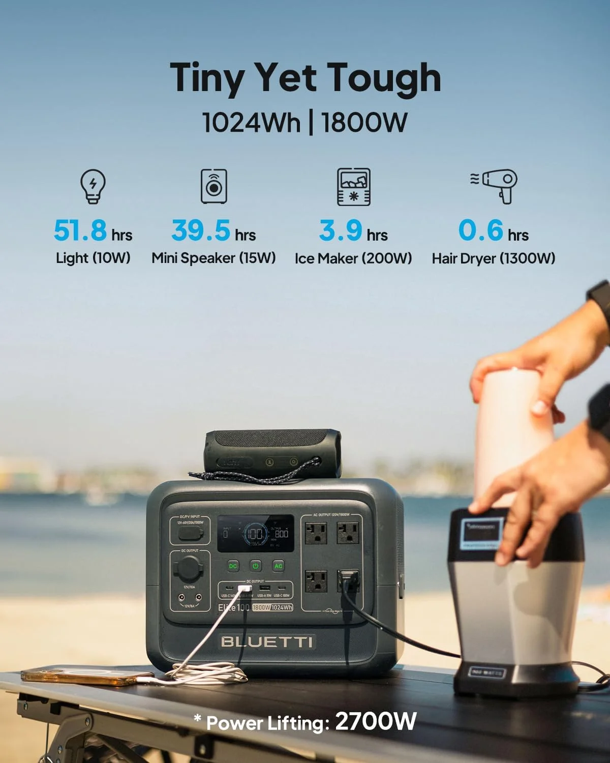 BLUETTI Elite 100 V2 Portable Solar Generator, 1024wh LFP Battery, 1800W AC Output, Compact Backup Power for Camping and Home