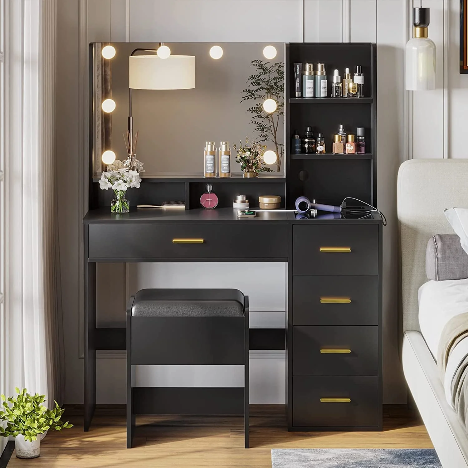Black Vanity Set with Lights Charging Station Cushioned Stool, Modern Makeup Vanity Desk Table with Visible Drawers and Open Storage Shelves for Women Girls(Black) - Image 6