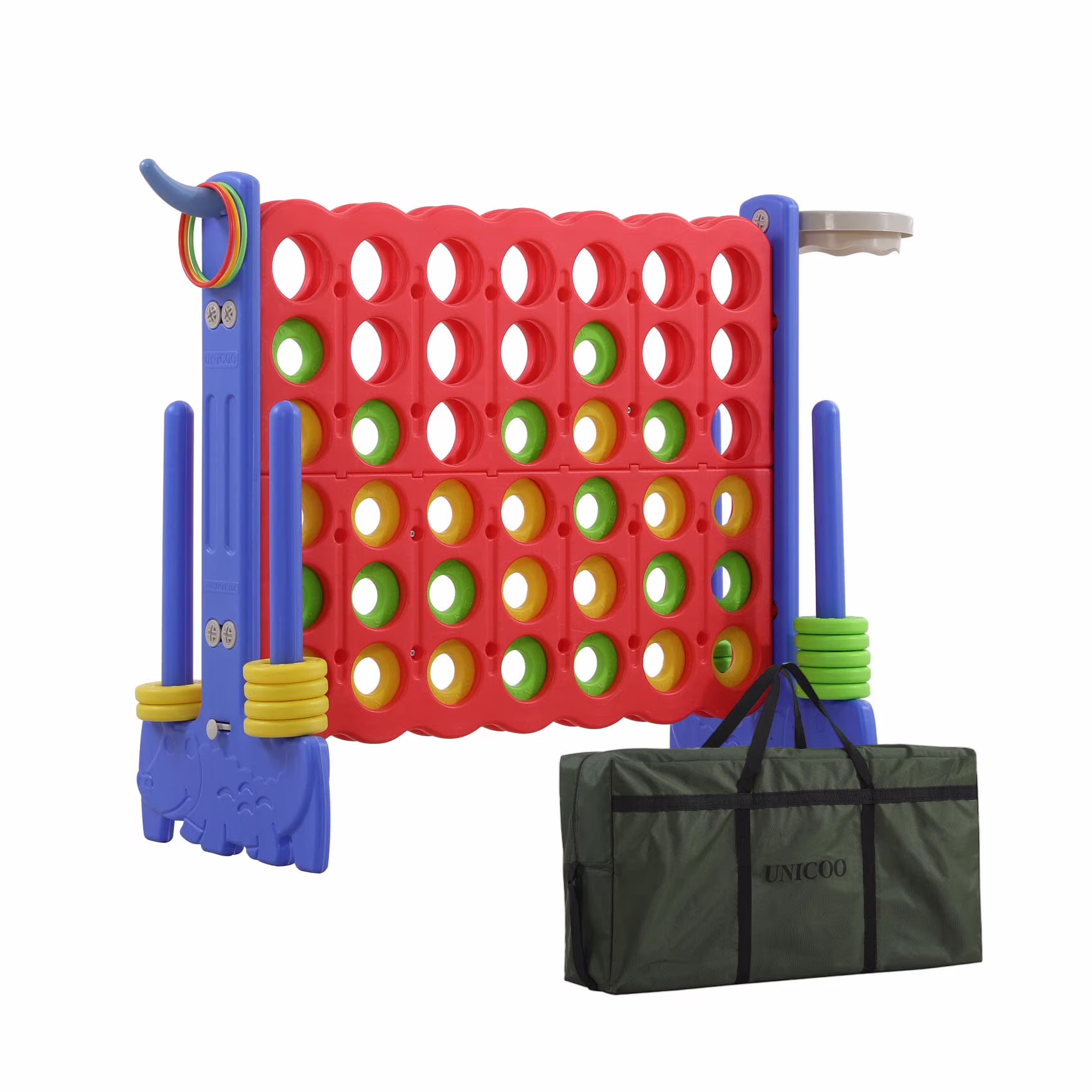 Unicoo® 3 - in - 1 Giant 4 in A Row Game, Featuring Basketball Hoop, Ring Toss Game & 4 - to - Score Game. Perfect for Kids & Adults, Parties & Gatherings with Carrying Bag (Red + Blue)