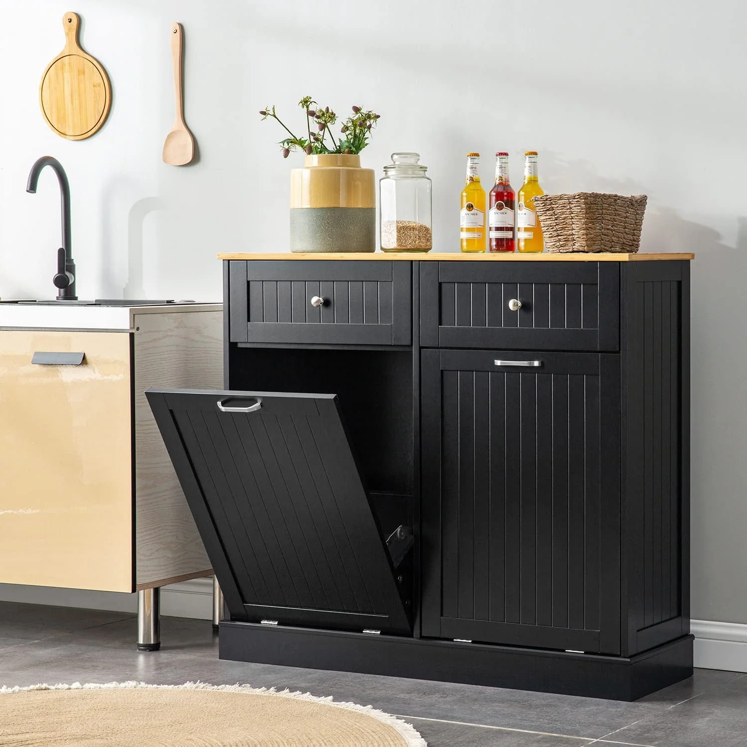 Kitchen Trash Cabinet Double Tilt Out Trash Cabinet with 2 Hideaway Drawers, Solid Wood Tabletop Free Standing Recycling Cabinet Pet Proof Trash Can Holder with Storage, Black(Black) Image 7
