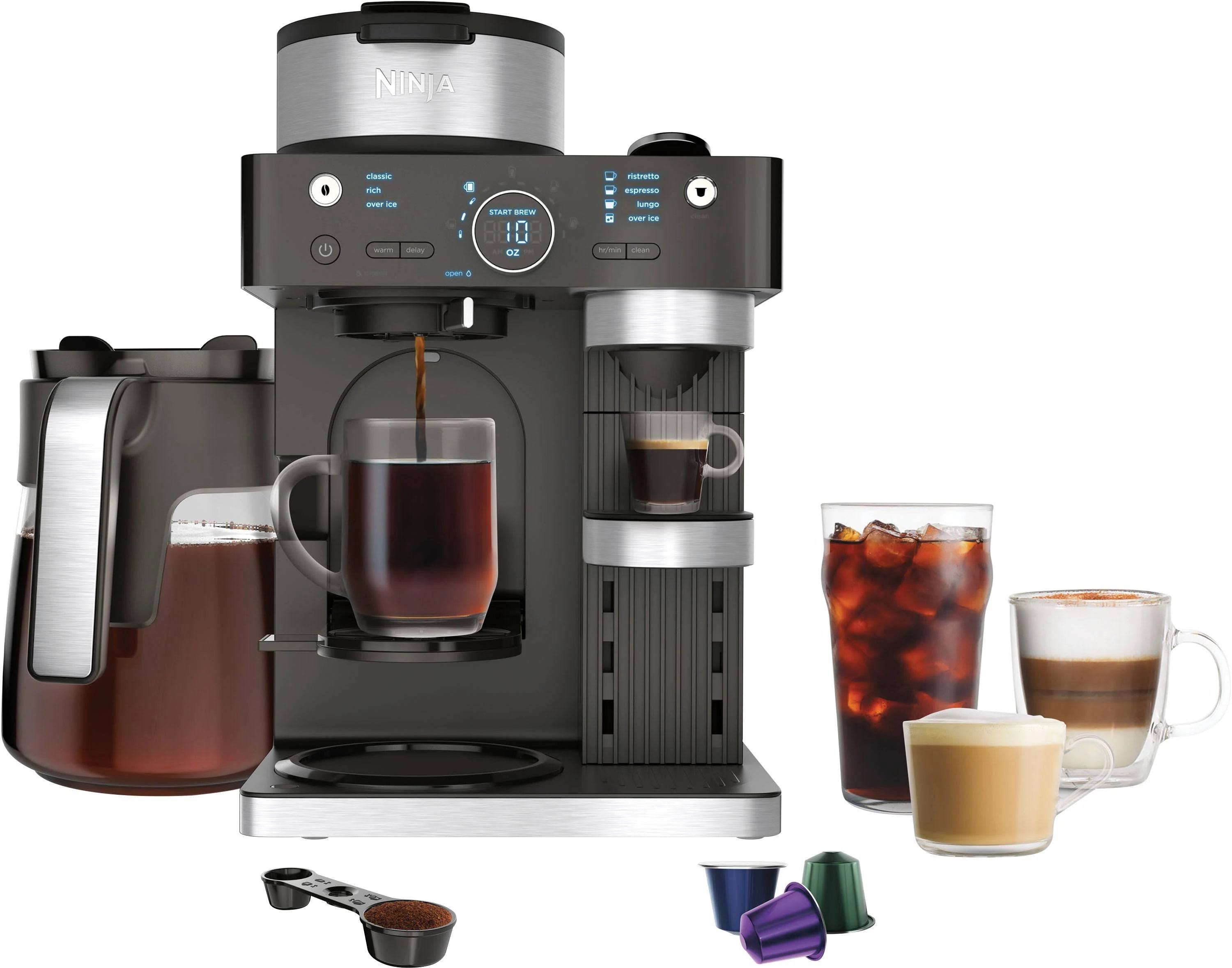 Ninja CFN602 Espresso & Coffee Barista System, Single-Serve Coffee & Nespresso Capsule Compatible, 12-Cup Carafe, Built-In Frother, Black