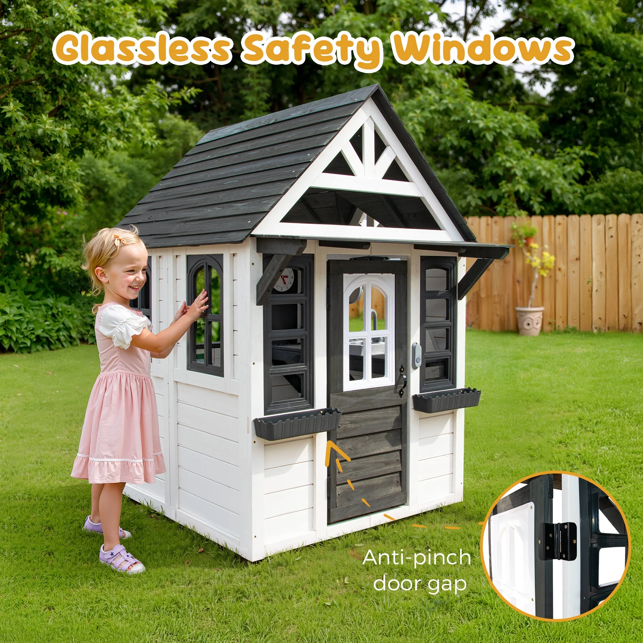 Outdoor Playhouse for Kids Ages 4-8, Wooden Play House with Doorbell, Phone, Kitchen Toys, Outdoor Kids Play Equipment, Casa Para Niñas (45”L x 65”H), White Black(Black+White) - Image 7