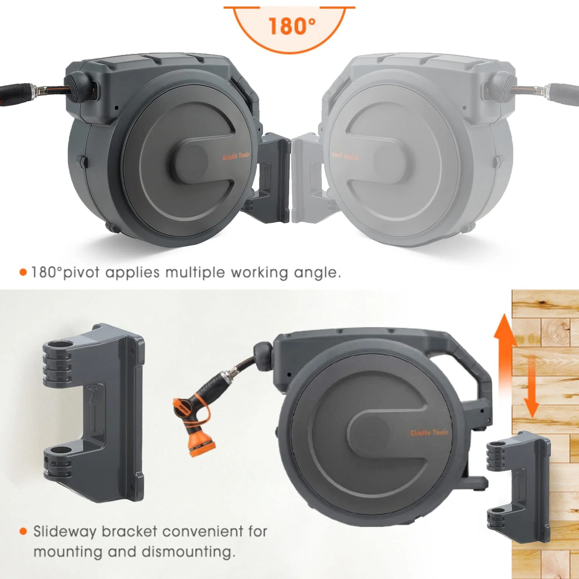Giraffe Tools Retractable Garden Hose Reel with 1/2in-78ft Hose, Metal Bracket, Wall Mounted, Dark Grey