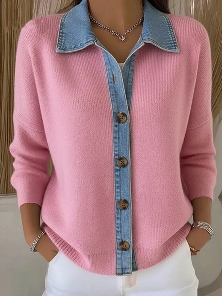 Pull en maille avec col en jean effet superposé