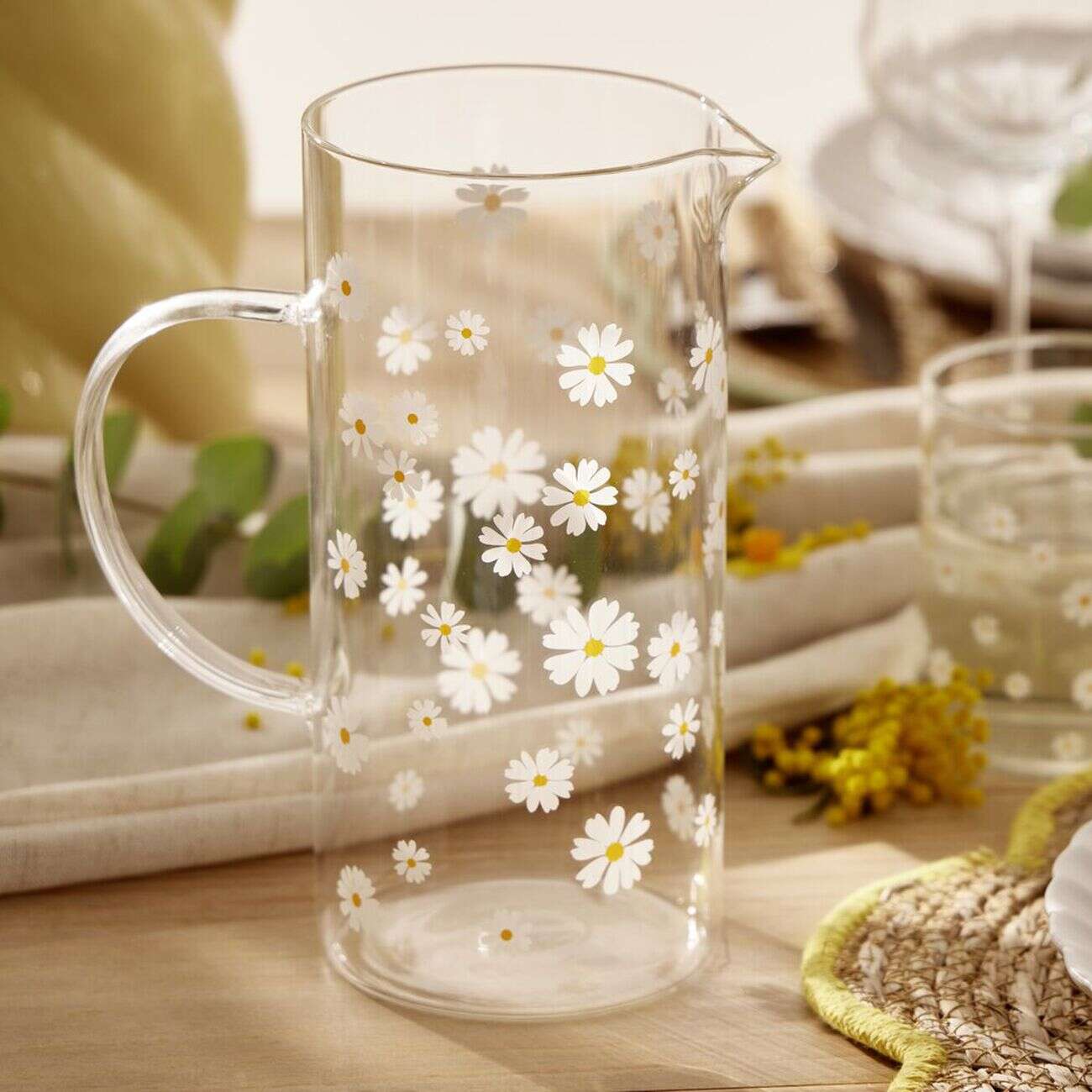 Carafe en verre 1,3L et motif paquerette H21cm