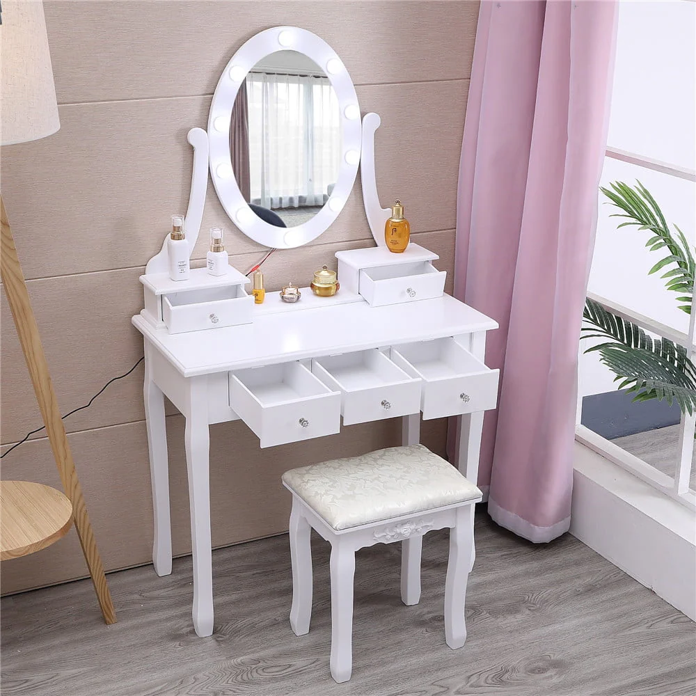 Vanity Table 10 LED Lights, 5 Drawers Makeup Dressing Desk with Cushioned Stool Set,Bedroom Vanities Set White - Image 6