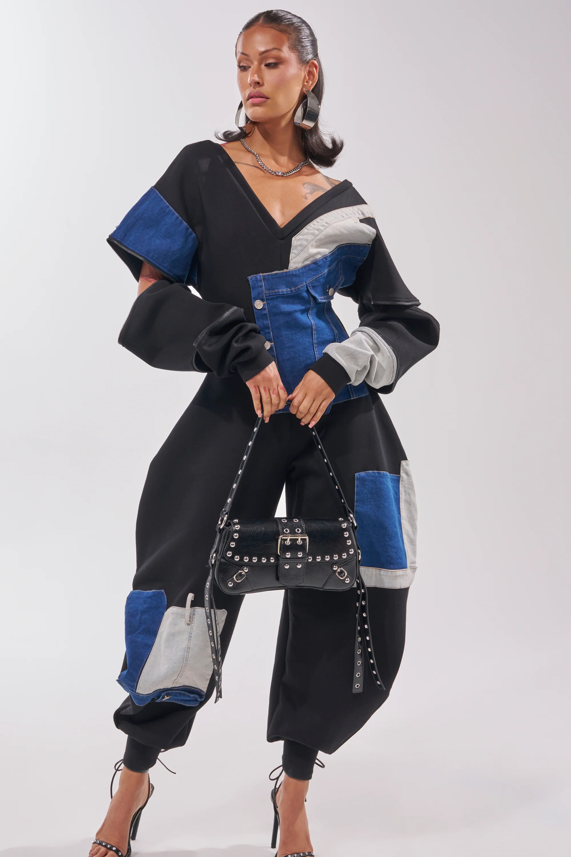 COMFY COZY PATCHWORK JUMPSUIT IN BLACK - Akira Store