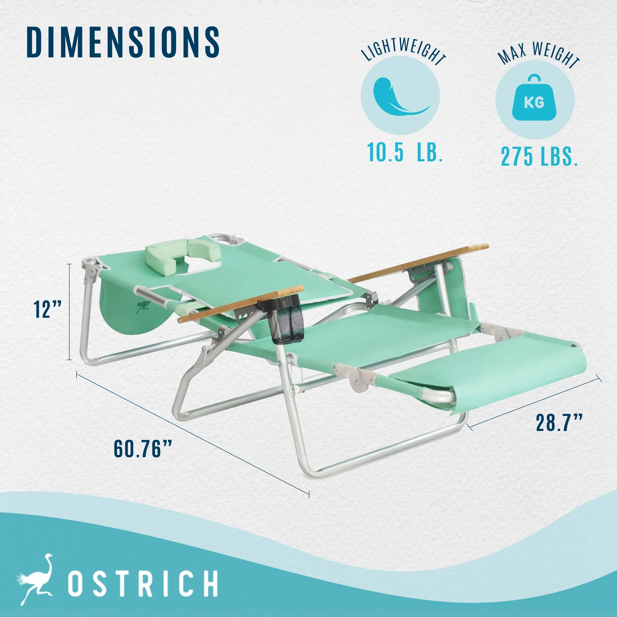 Open Box Ostrich Deluxe 3N1 Outdoor Lawn Beach Lounge Chair W/Footrest, Teal