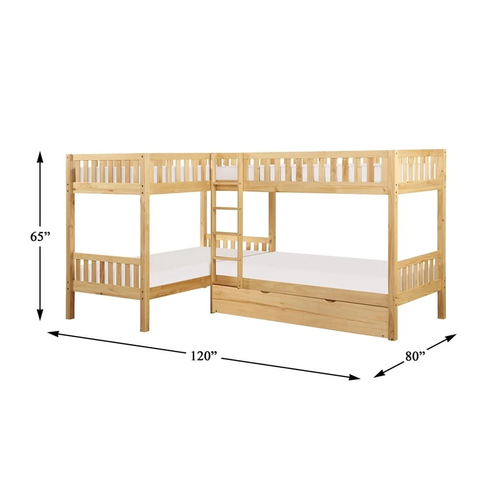 Contemporary Wood Corner Bunk Bed with Twin Trundle in Natural Pine Image 4