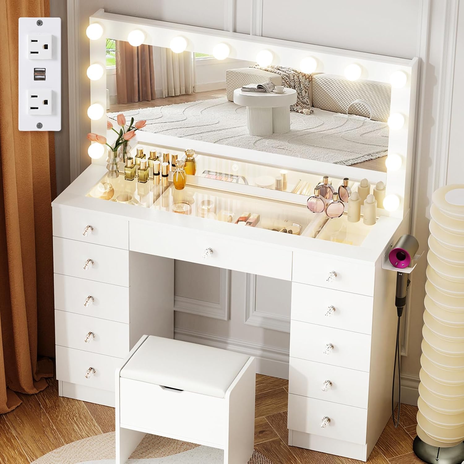 VOWNER Vanity with Lighted Mirror - Makeup Vanity Desk with Glass Top and 11 Drawers, 3 Color Lighting Modes Adjustable Brightness, 46