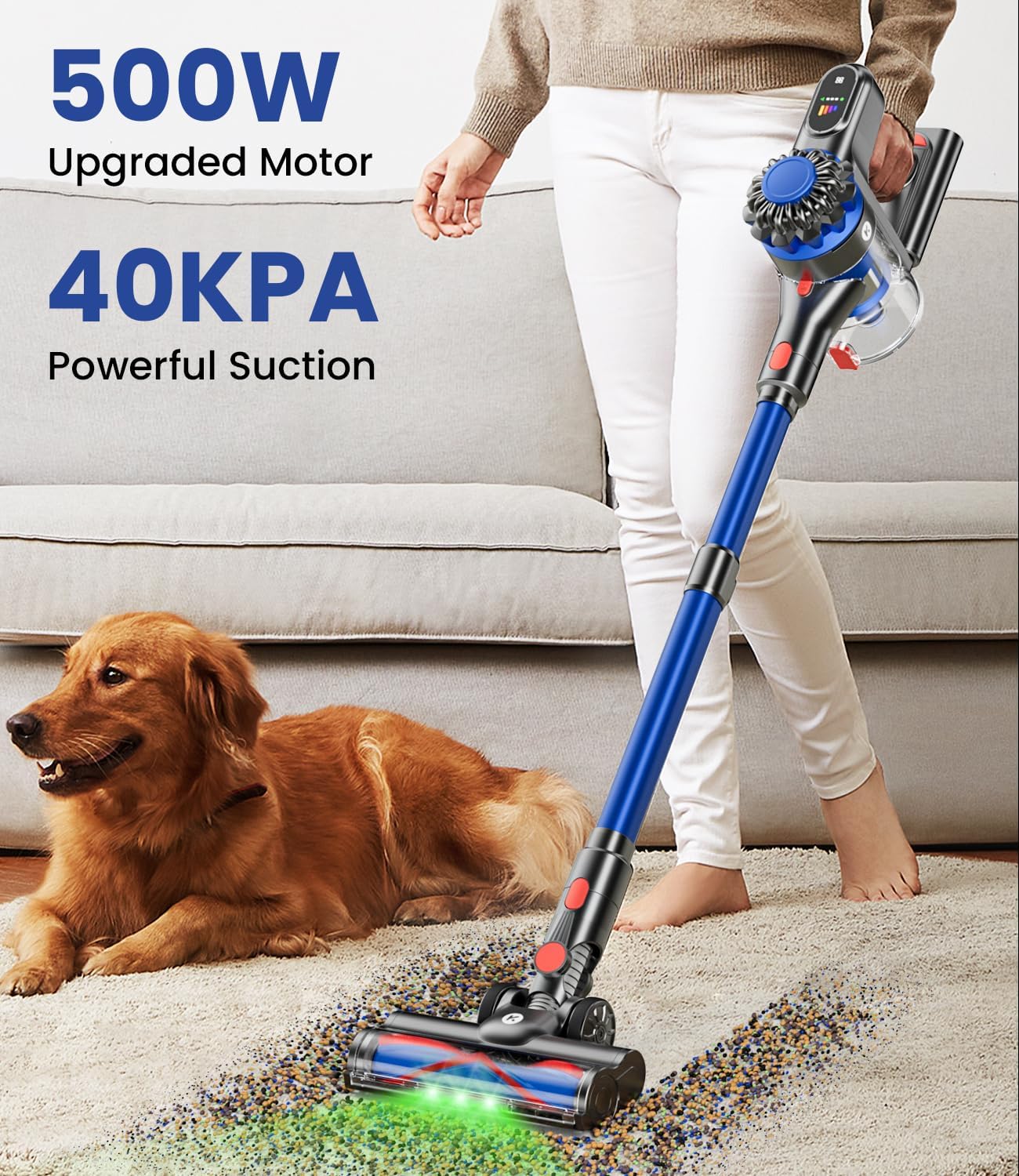 Aspirateur sans fil 500 W/40 kPa, idéal pour la maison. Autonomie de 60 minutes. Aspirateur balai avec écran LED, système anti-enchevêtrement et support de charge mural. Aspirateur léger 8 en 1 pour sols durs, tapis et poils d'animaux.