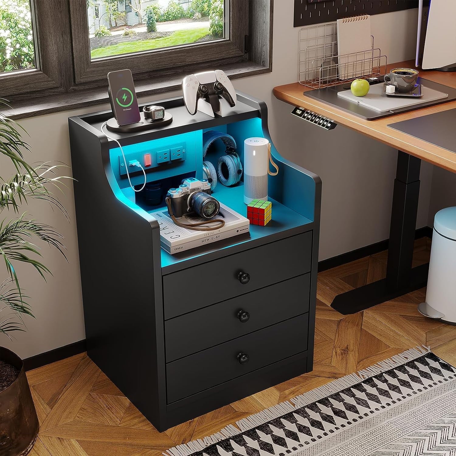Nightstand with 3 Drawers and Shelves,Night Stand with LED Lights and USB Port Charging Station,LED Bedside Table with Hutch,Black(Black) - Image 4