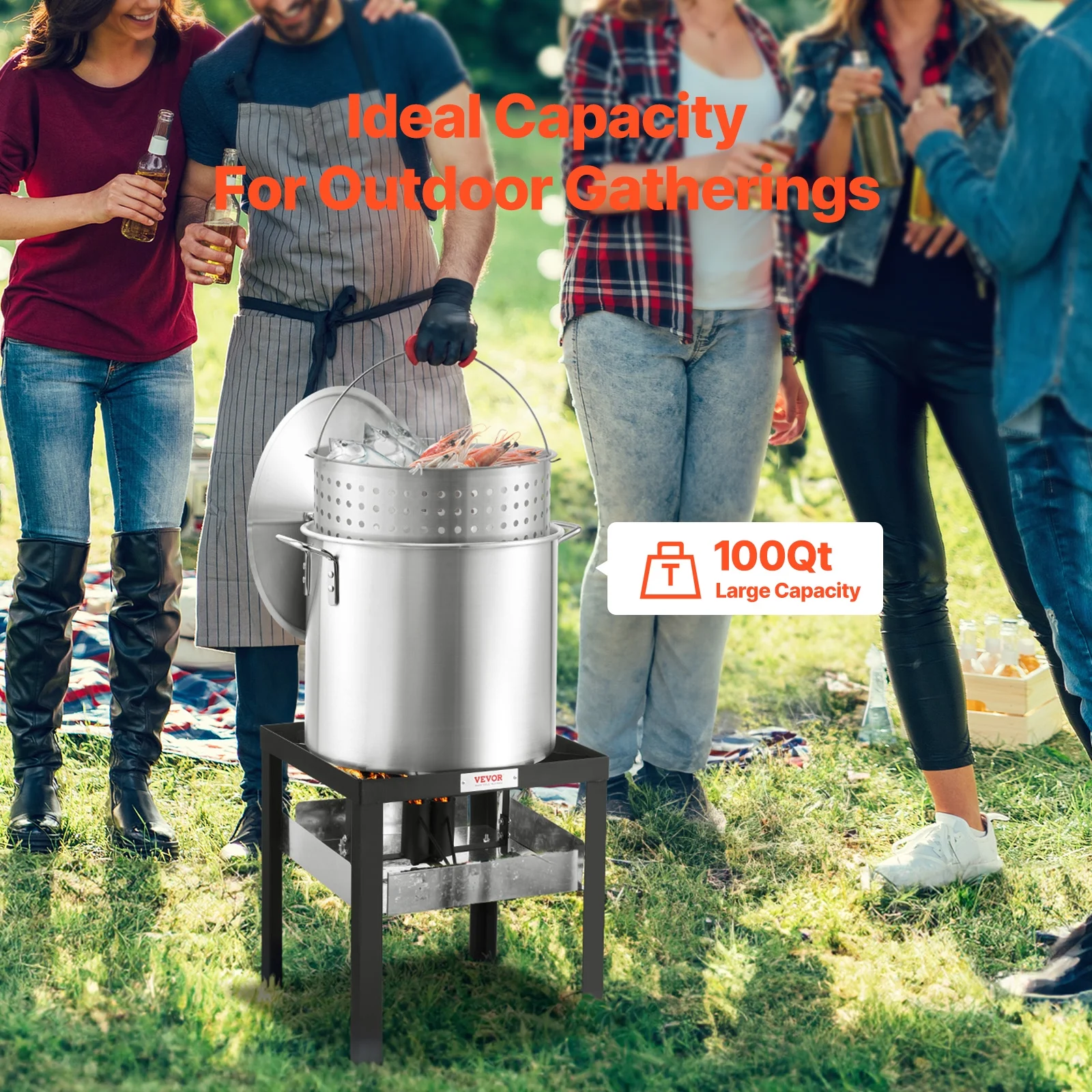 VEVOR 100 Qt Seafood Boiling Kit with Strainer, Outdoor Seafood Boil Pot and Basket, Cooking Set for Crab Crawfish Lobster Boiling, Aluminum Stockpot with 100, 000 Btus Propane Burner and Steamer Rack