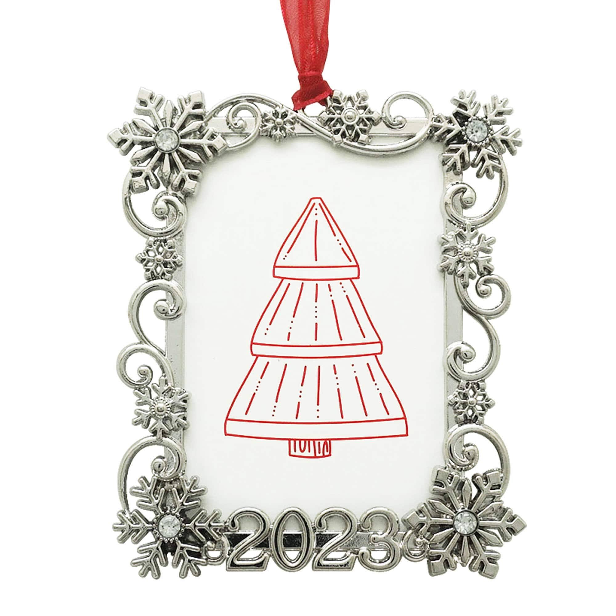 Silver Snowflake 2023 3 inch Rectangle Ornament Frame by Studio Dcor-Holiday + Christmas Ornament Frames, Size: 2�� x 3��