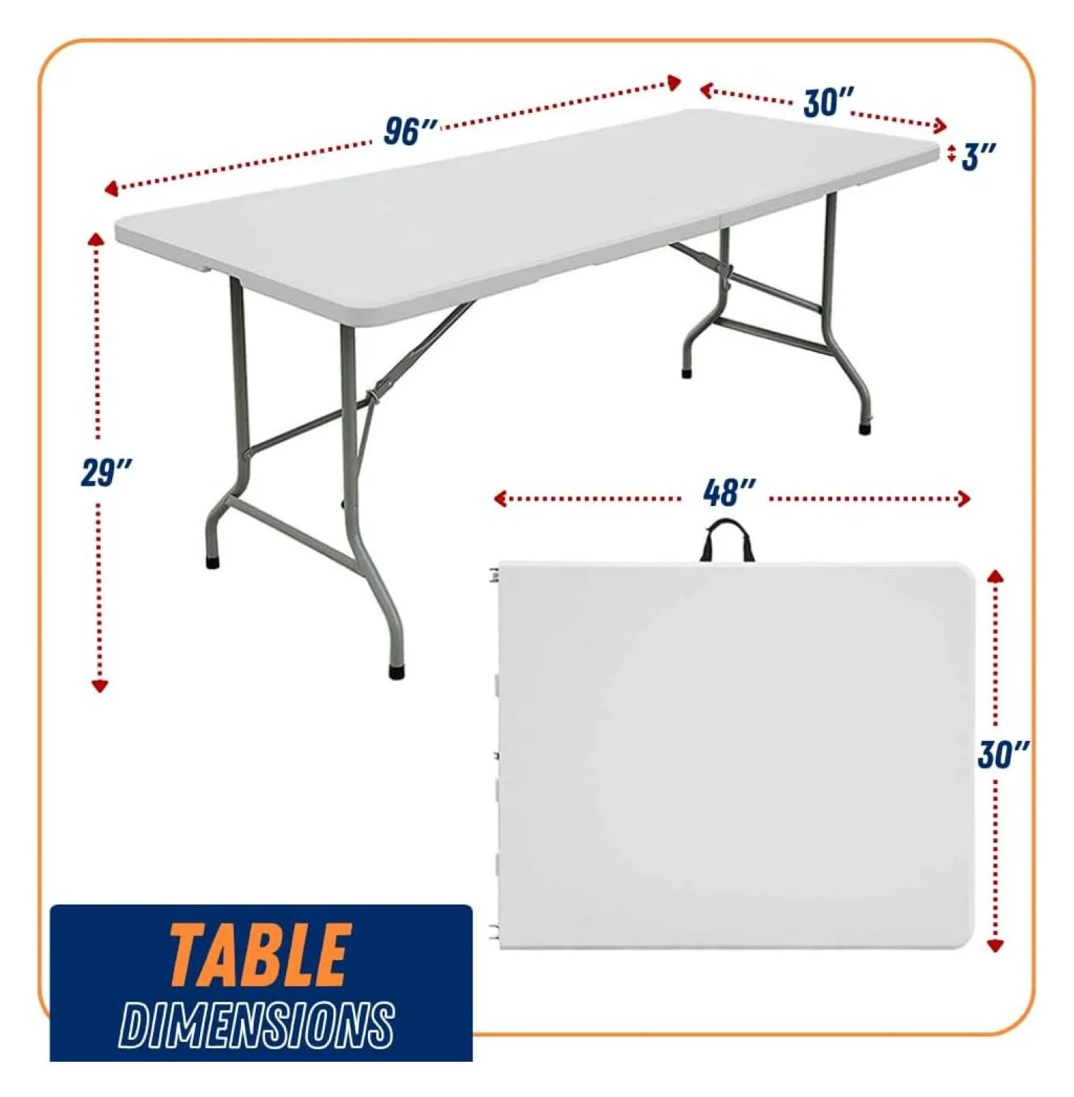 8FT Folding Table Indoor Outdoor Heavy Duty Portable Folding Plastic Dining Table W/Handle, Lock for Picnic, Party, Camping - White (4ft, 6ft, 8ft) (8ft)