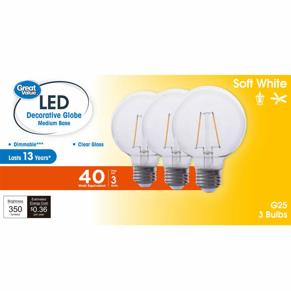 Great Value G25 LED Bulb, 3-Watt (40w Equivalent) Soft White Decorative Globe E26 Base Dimmable3 Pack