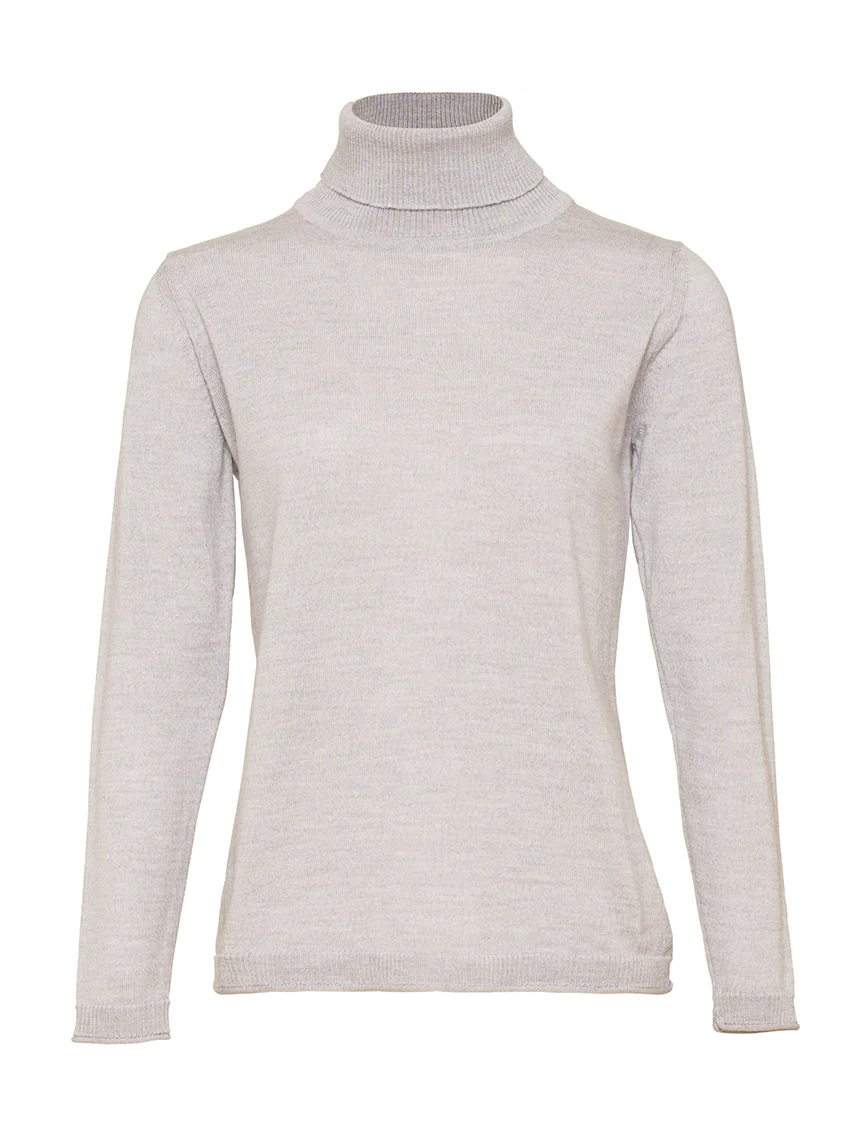 Pull femme col roulé en laine mérinos gris givré