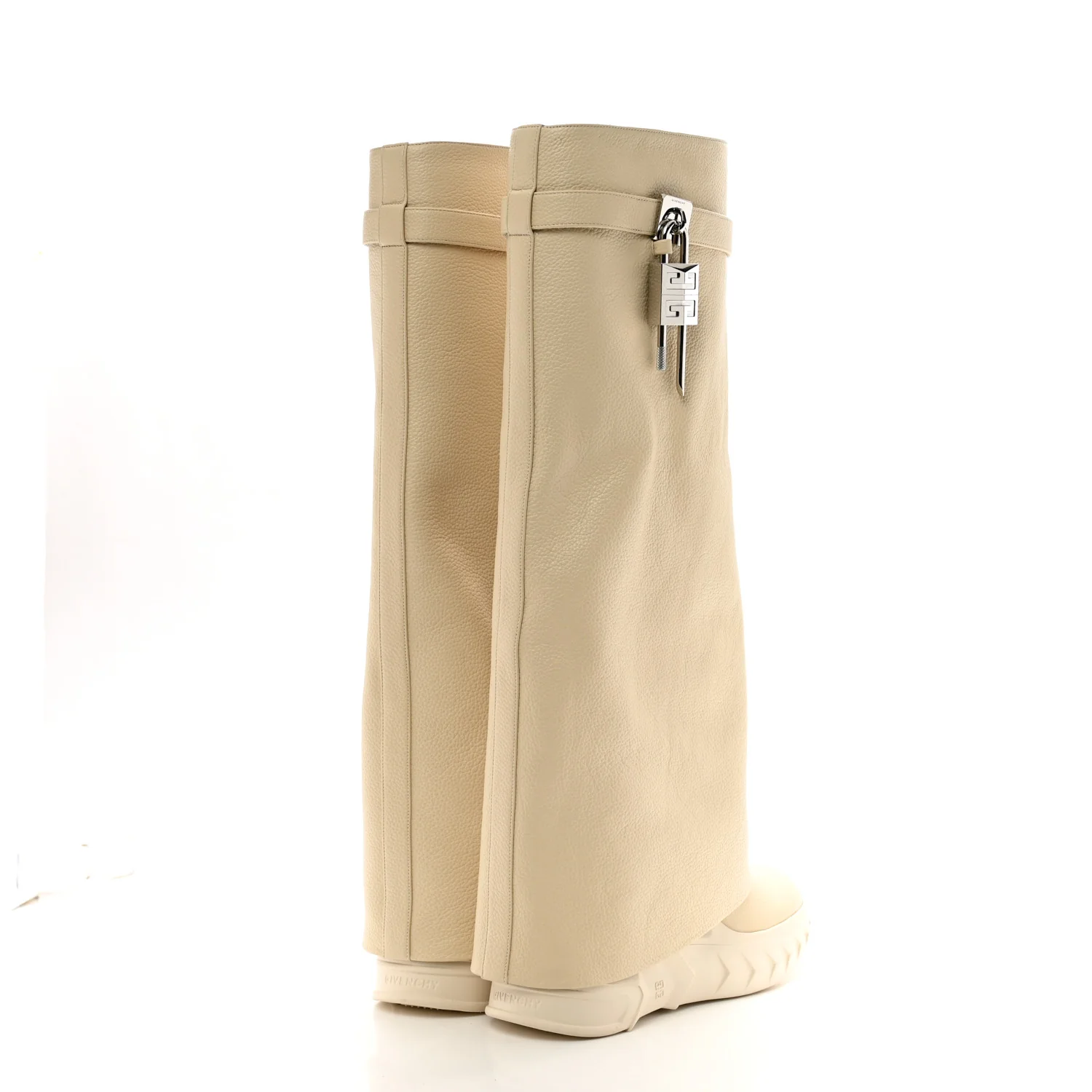 Grained Calfskin Shark Lock Biker Knee Boots 40 Beige