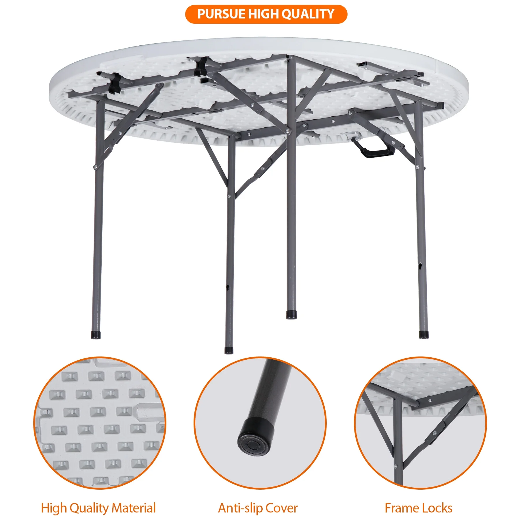 48" Round Bi-Folding Plastic Table Metal Legs Portable Dining Table with Handle Indoor Outdoor, White - Image 10