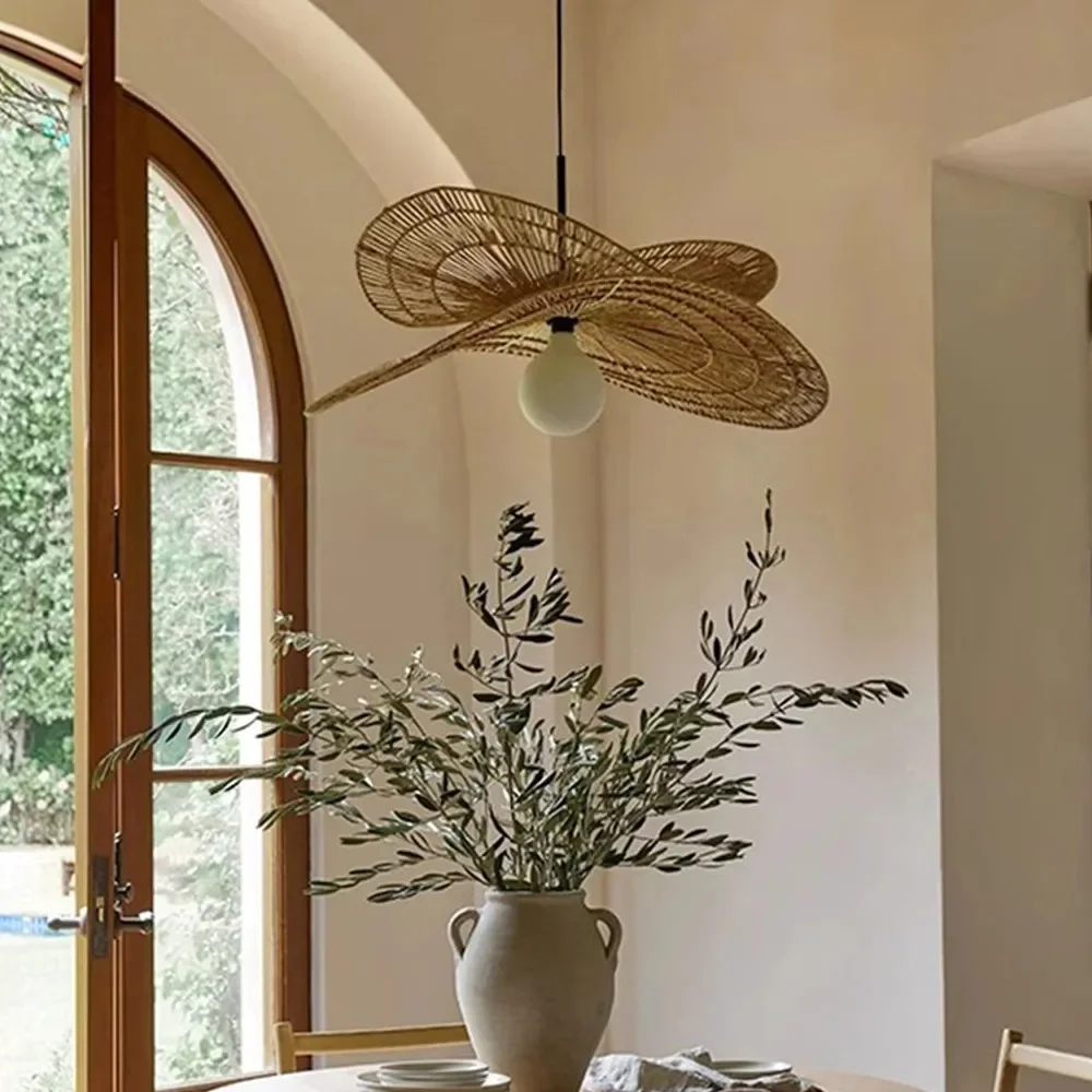 Arturesthome Vintage Handmade Rattan Woven Creative Double-Layer Straw Hat Pendant Light