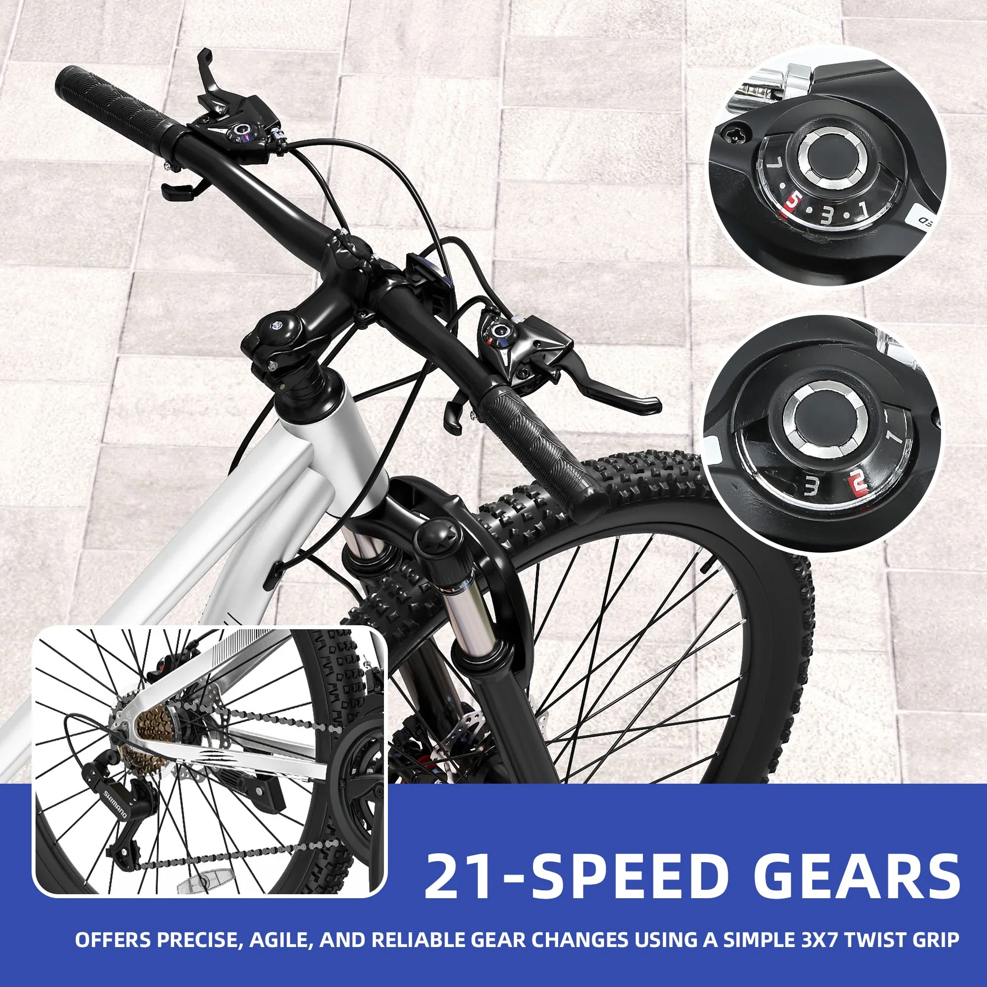 ModFusion 26-Inch Aluminum Alloy Mountain Bike, 21-Speed, Disc Brakes, Black with Brown Tires, 85% Assembled