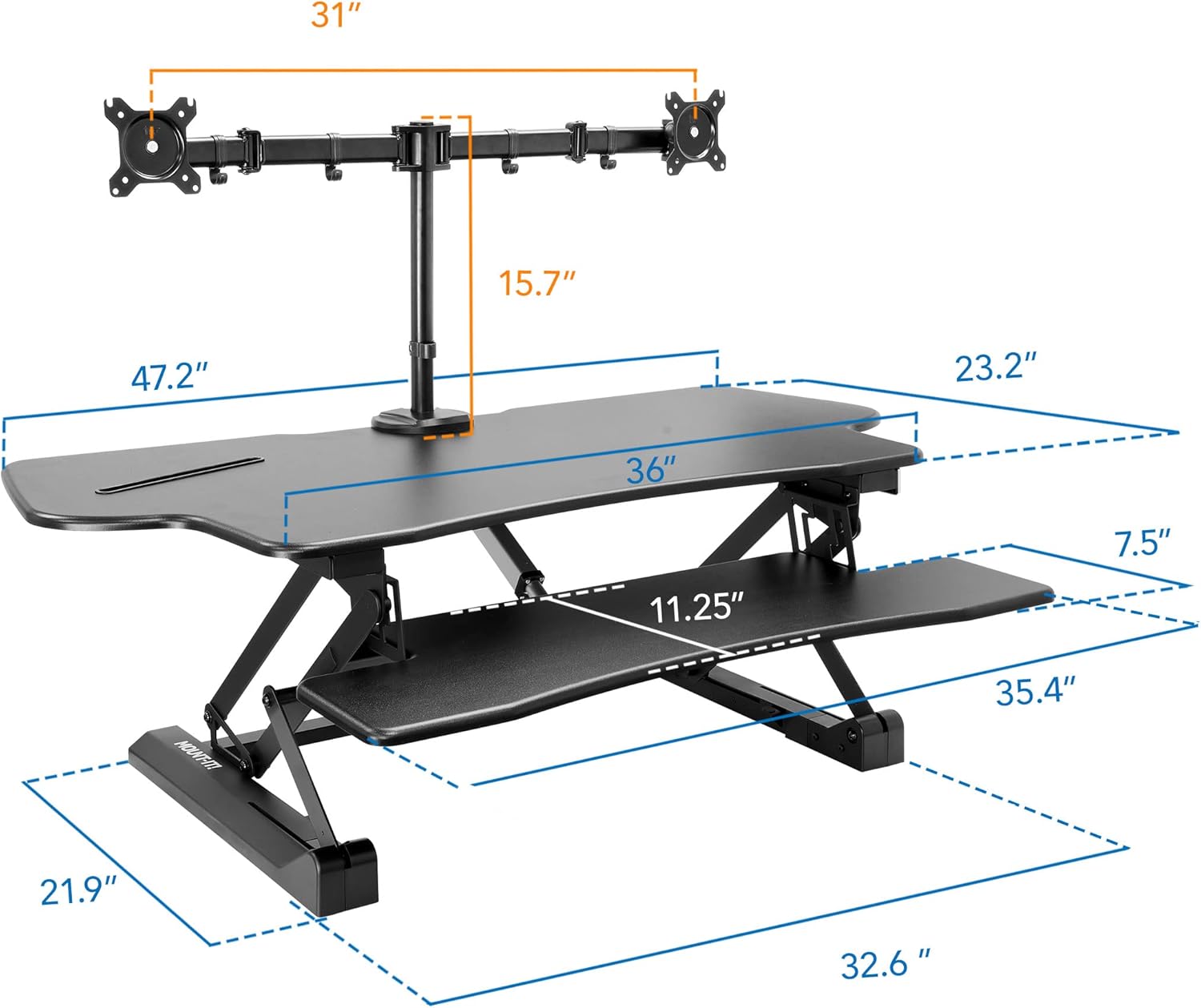 Mount-It! Electric Standing Desk Converter with Dual Monitor Arm, Stand Up Desk Riser X-Large 47.2