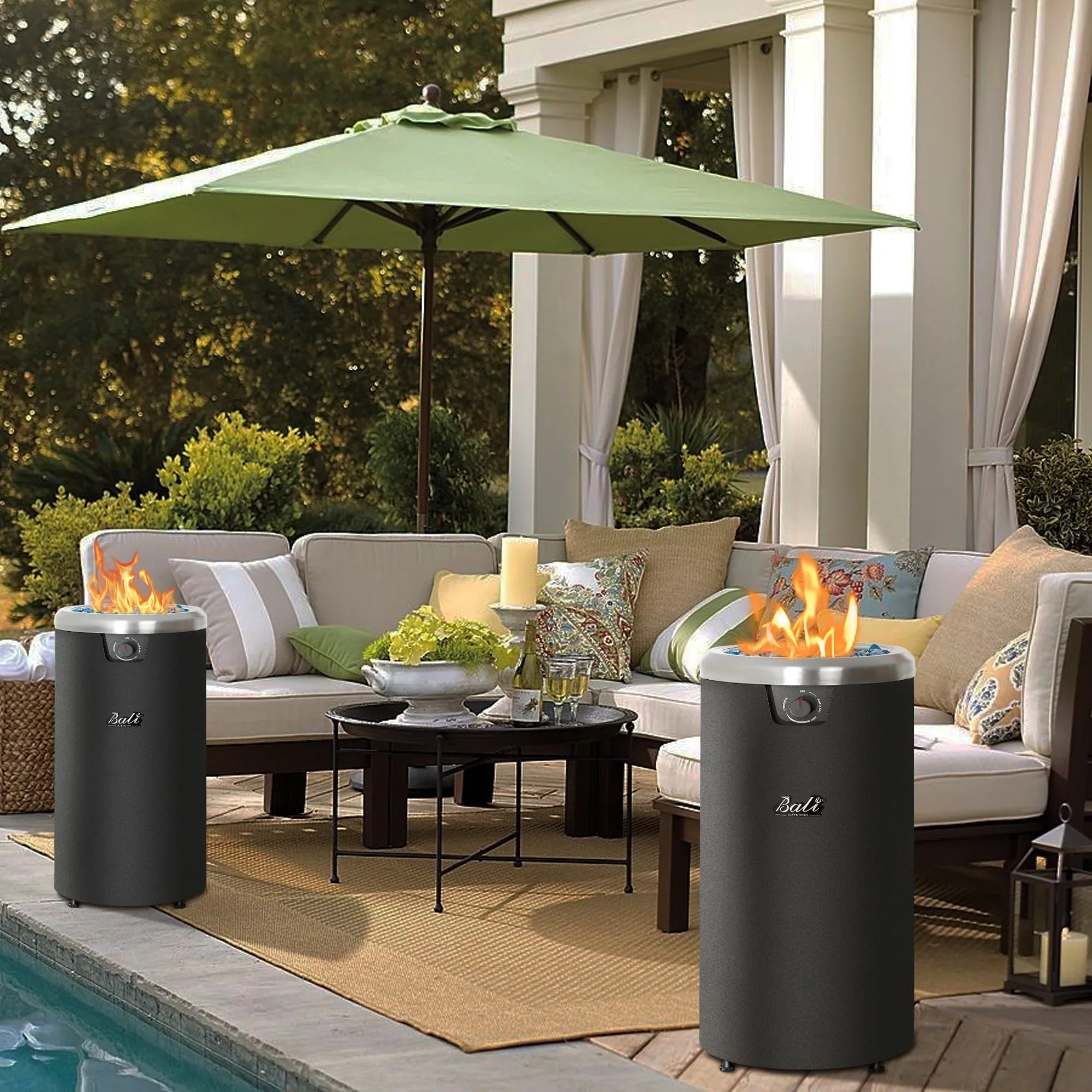 BALI OUTDOORS Round Propane Fire Pit Fire Column, 32-inch Tall Black Gas Fire Pit for Backyard and Garden