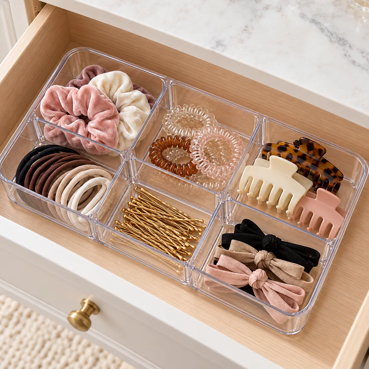 Clear Drawer Organizer Tray, 6 Compartments