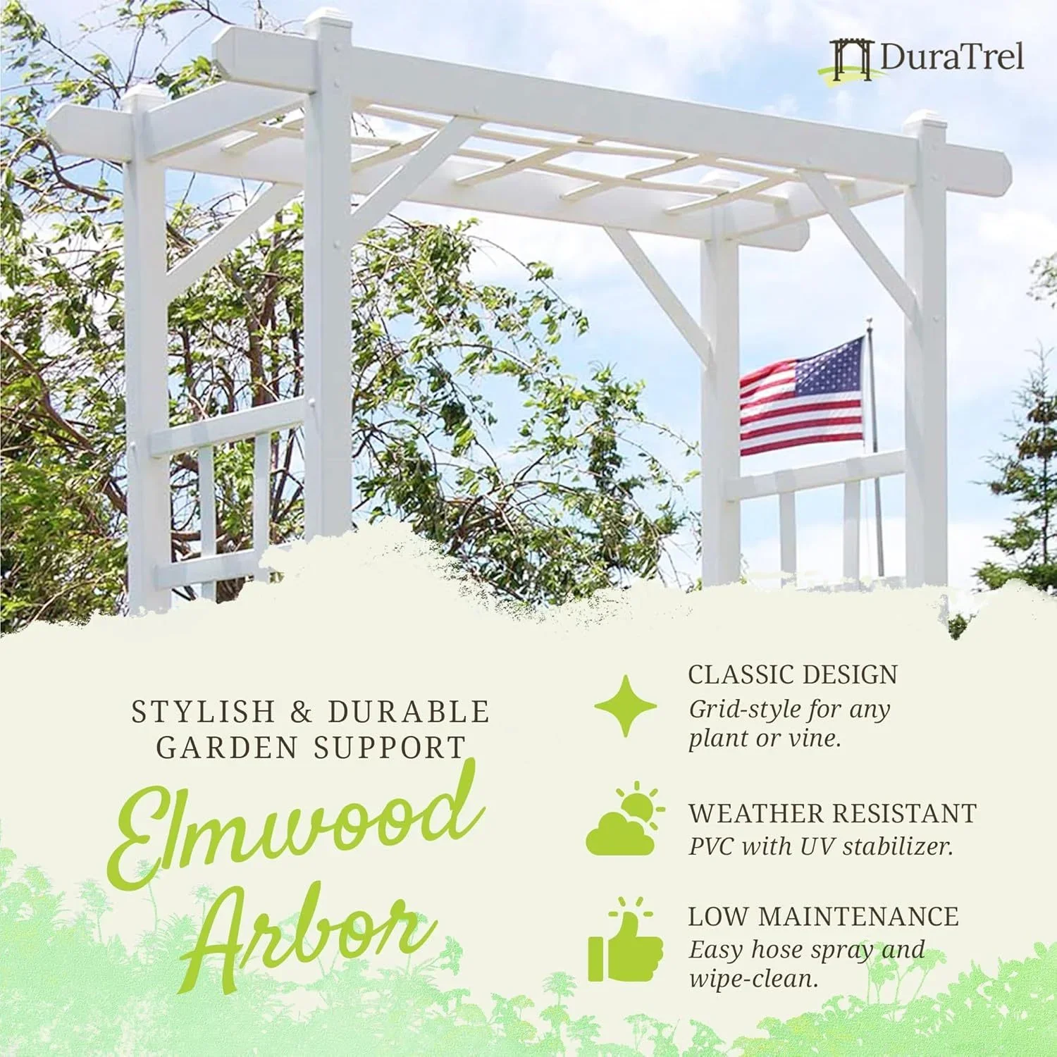 Dura-Trel PVC Garden Arbor, Arch Support for Climbing Plants, Elmwood, White, 57 x 85