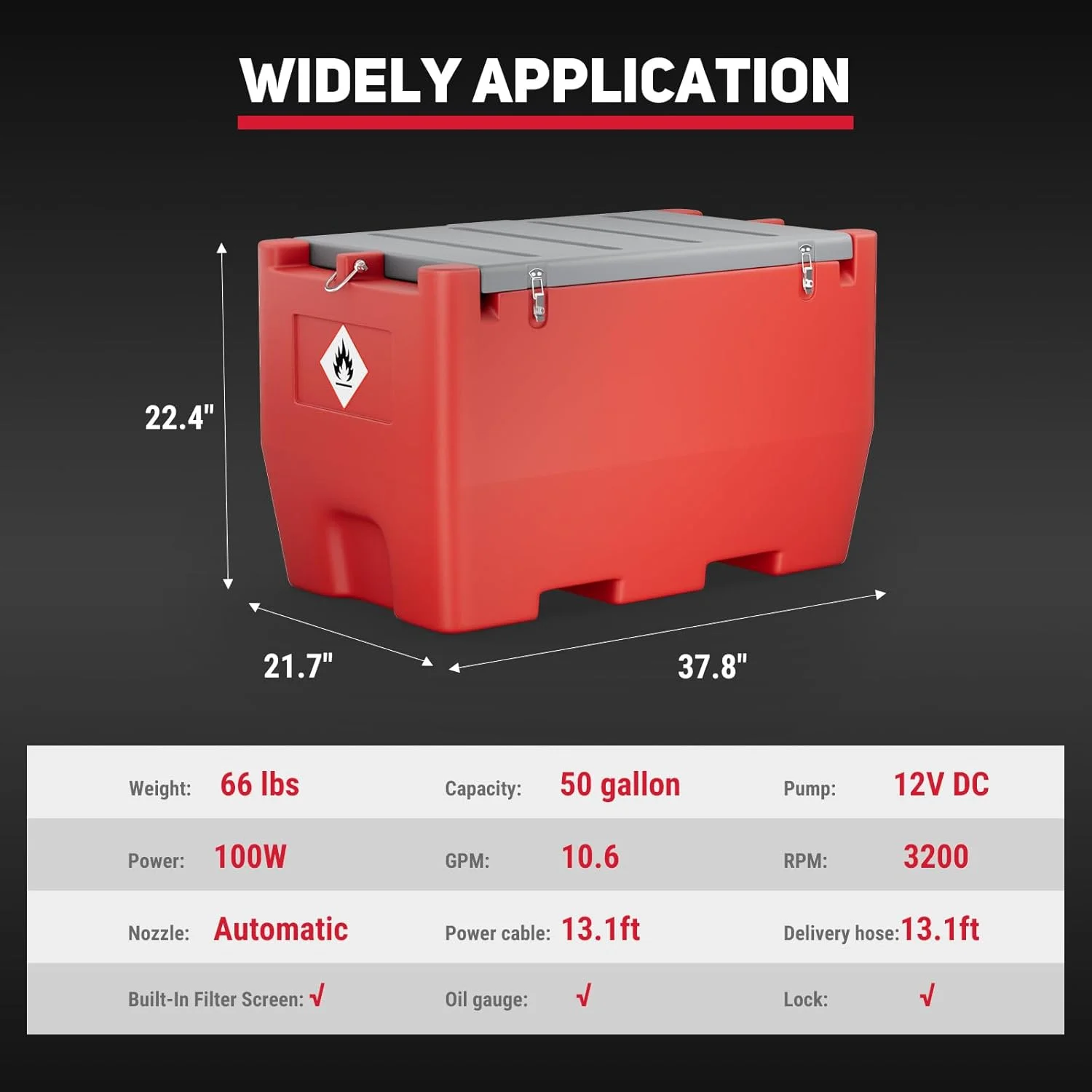 Fuel Transfer Tank, 50 Gallon for Gasoline Diesel, Gas Tank with 10.6 GPM Fast Flow Rate 12V DC Transfer Pump,13.1 ft Power Cord Portable Gas Tank, Red(red) - Image 2