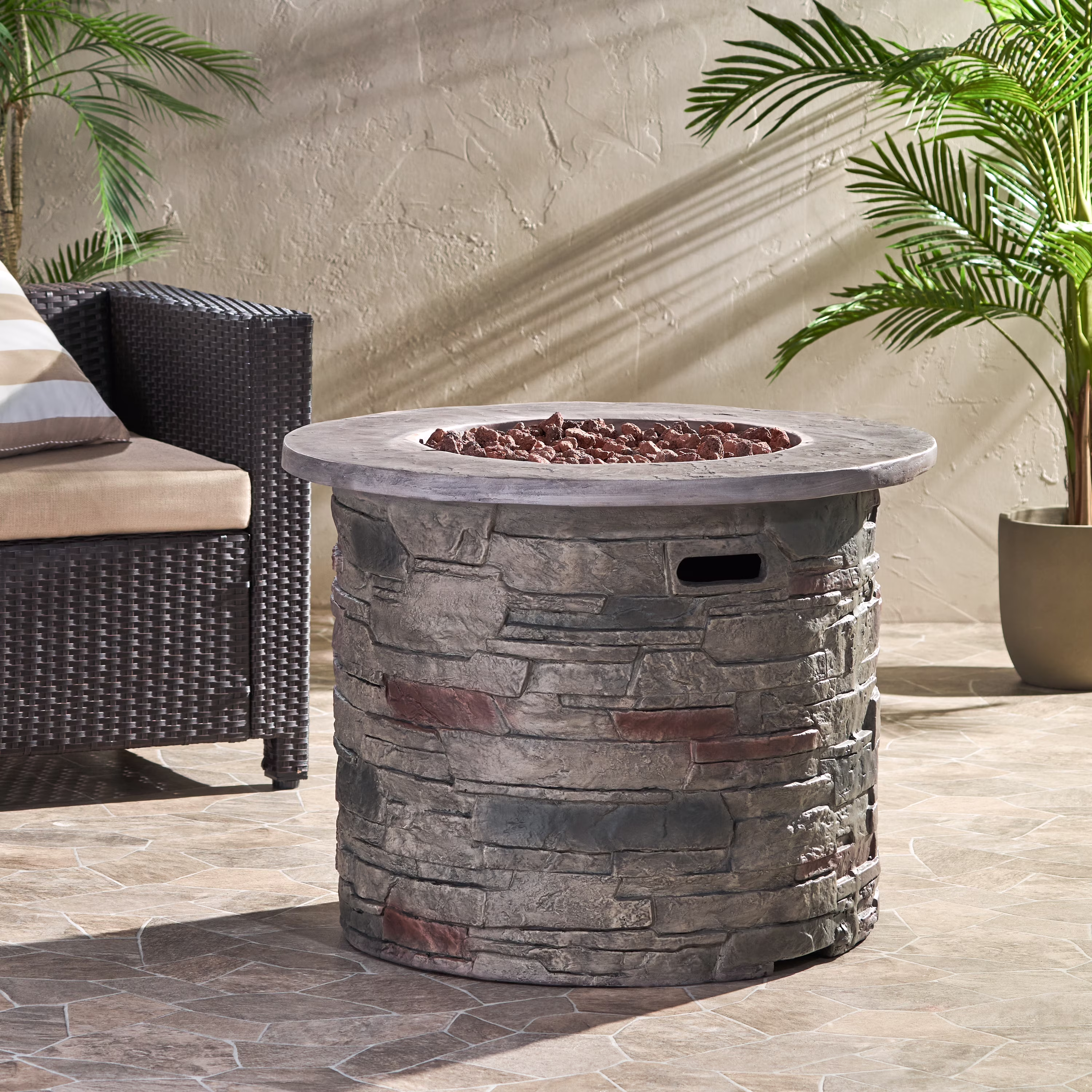 Awalua 32" Circular MGO Fire Pit Withnbsp;Grey Top - 40,000 BTU, Natural Stone