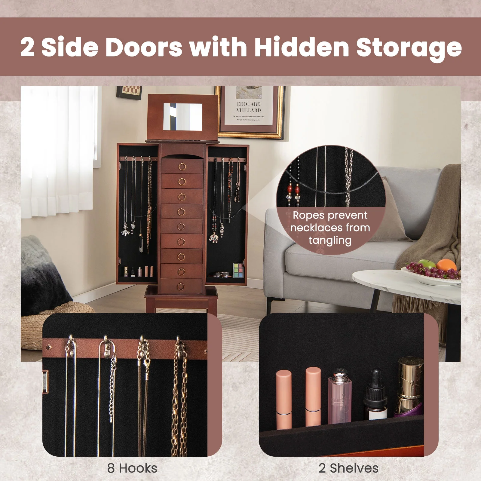 Wood Jewelry Cabinet Armoire Storage Box Chest Stand Organizer Indoor Bedroom - Image 7