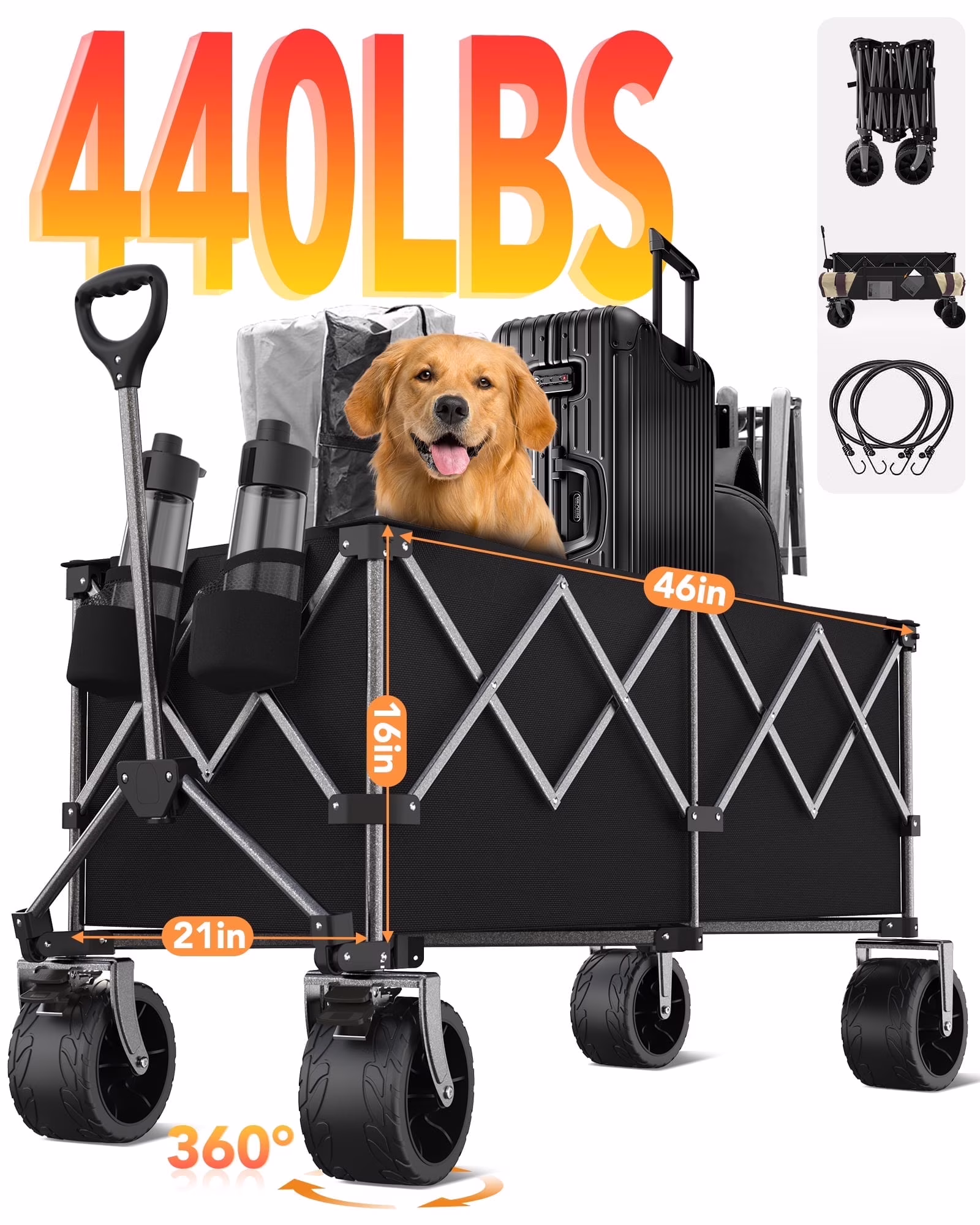 Collapsible Wagon, 440LBS Heavy Duty Wagon Carts Foldable with Side Pocket and Brakes, 66 Gallon Large Capacity Foldable Wagon-gray(Gray) - Image 5