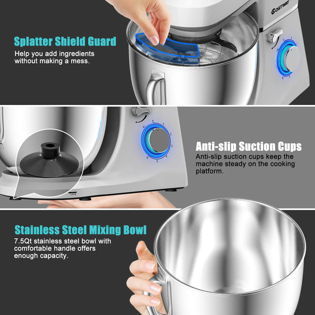 Costway Tilt - Head Stand Mixer 7.5 Qt 6 Speed 660W with Dough Hook, Whisk & Beater Silver