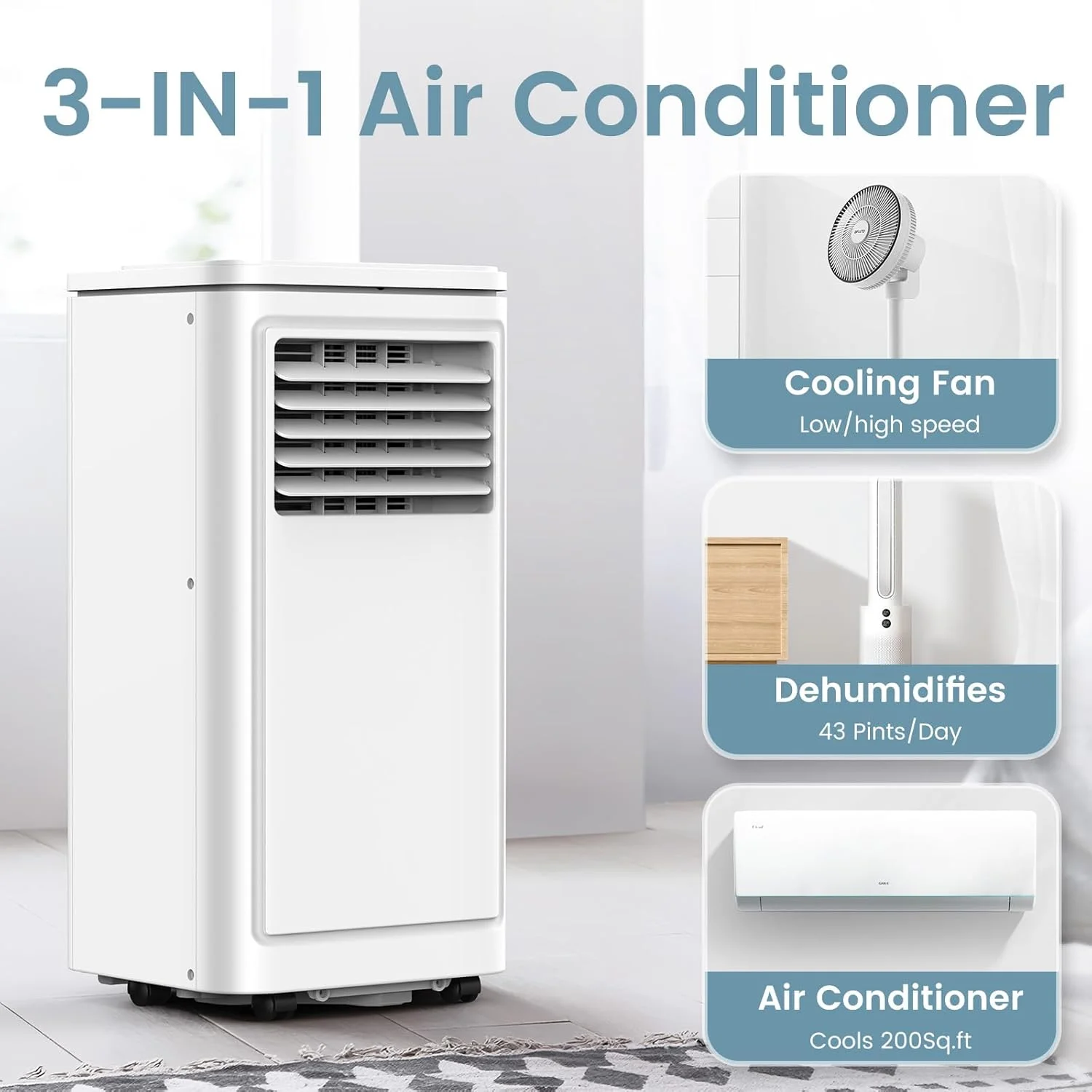 Portable Air Conditioner, 8,000 BTU Ashrae, 4-in-1 Quiet AC with Dehumidifier, Fan, Sleep Mode Washable Filter for Rooms up to 350 Sq. Ft(8000) - Image 2